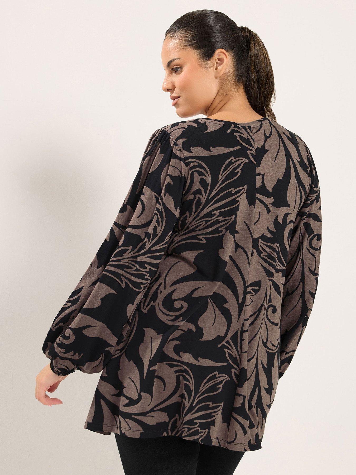 Image 2 of 4 of Yours Womens Curve Pleat Front V-Neck Long Sleeve Top - Brown