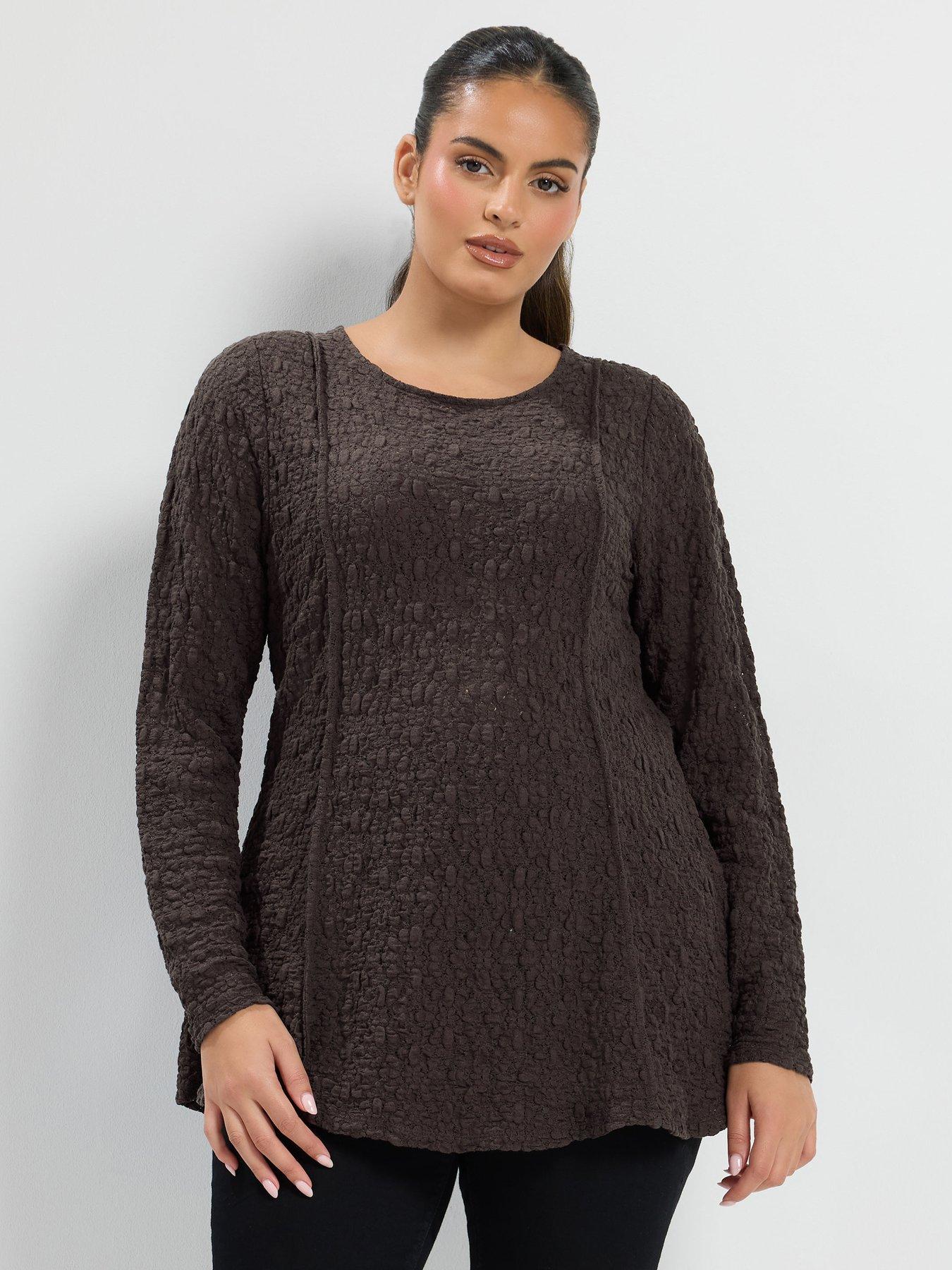 Image 1 of 4 of Yours Womens Curve Textured Floral Panelled Top - Brown