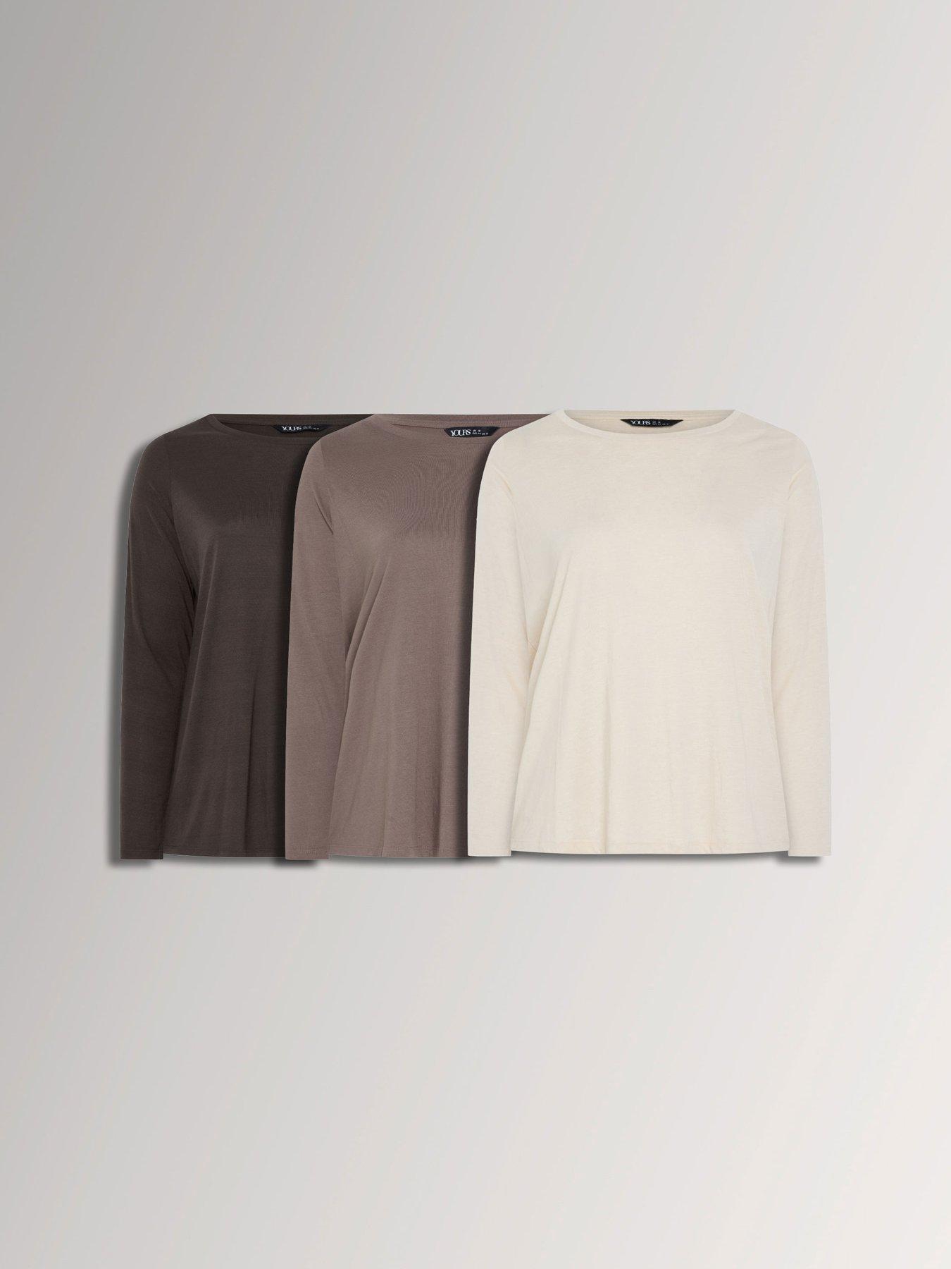Yours Womens Plus Size 3 Pack Long Sleeve Crew Neck Tops - Multi in Brown
