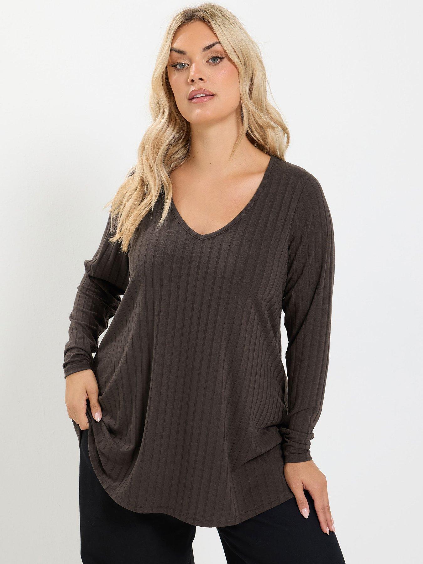 Yours Womens Plus Size Plunge V-Neck Rib Swing T-Shirt - Brown