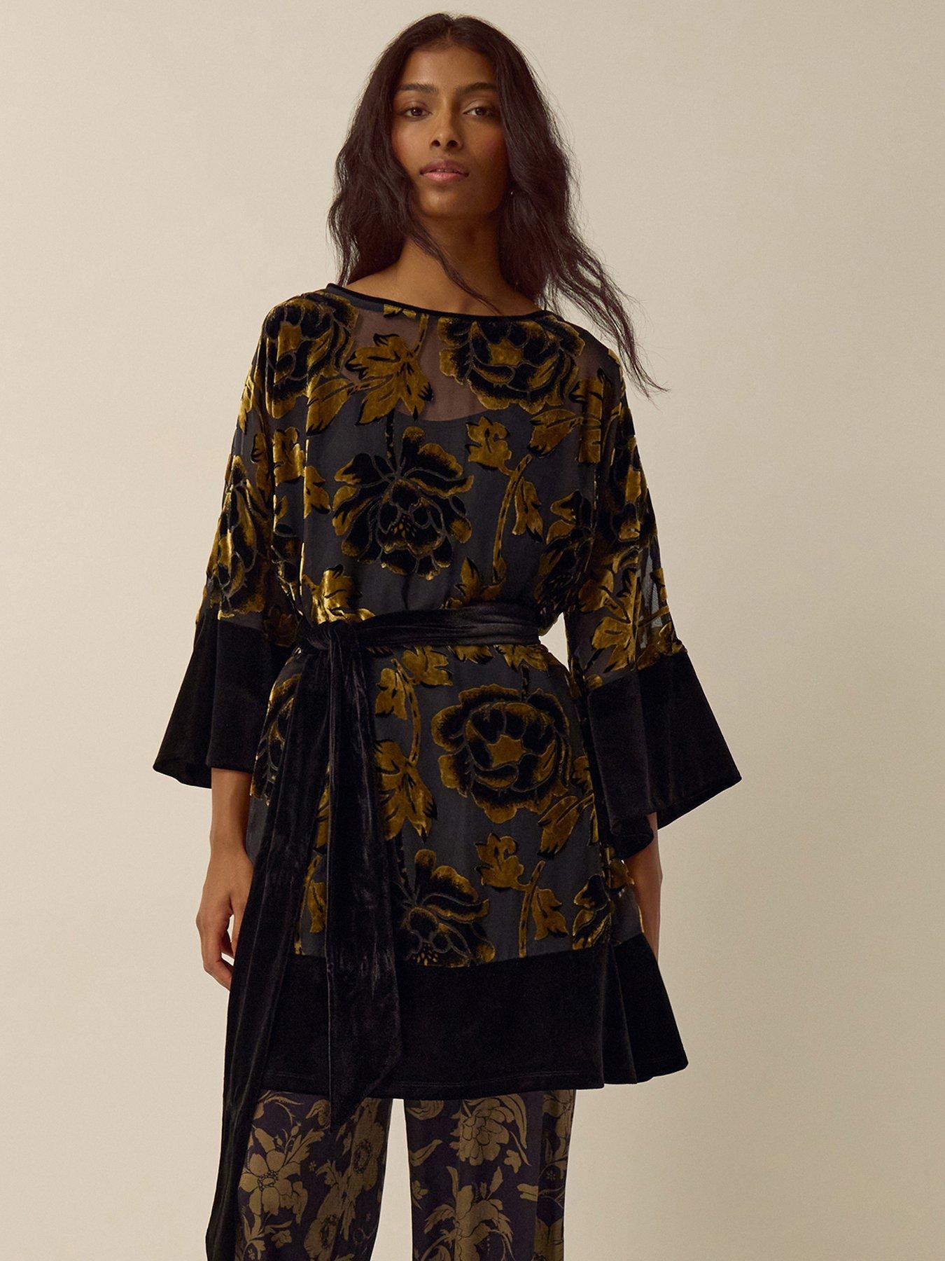 Image 1 of 5 of Monsoon Womens Octavia Floral Burnout Tie Waist Tunic Dress - Gold