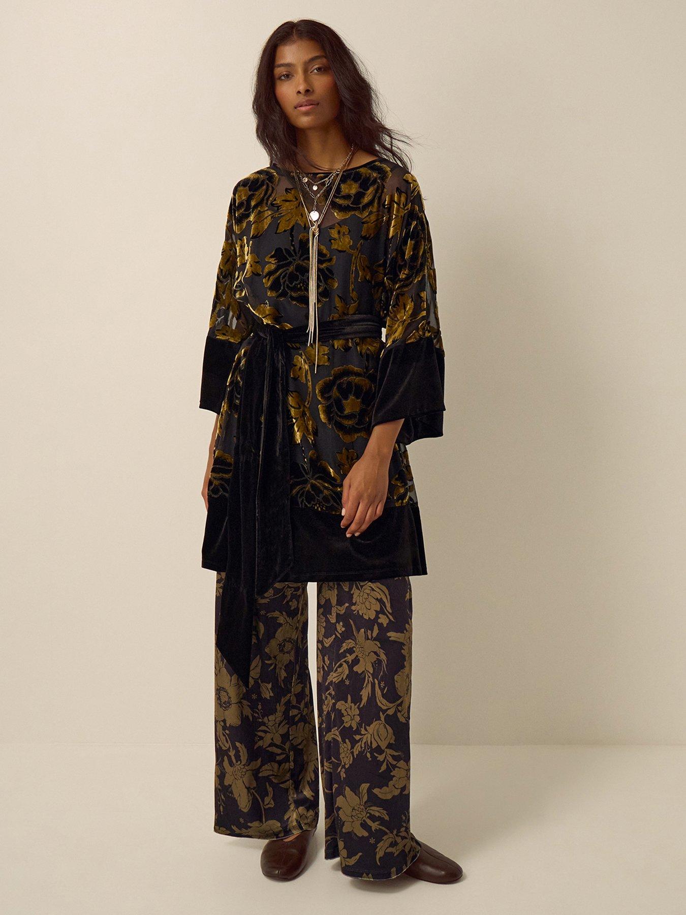 Image 3 of 5 of Monsoon Womens Octavia Floral Burnout Tie Waist Tunic Dress - Gold