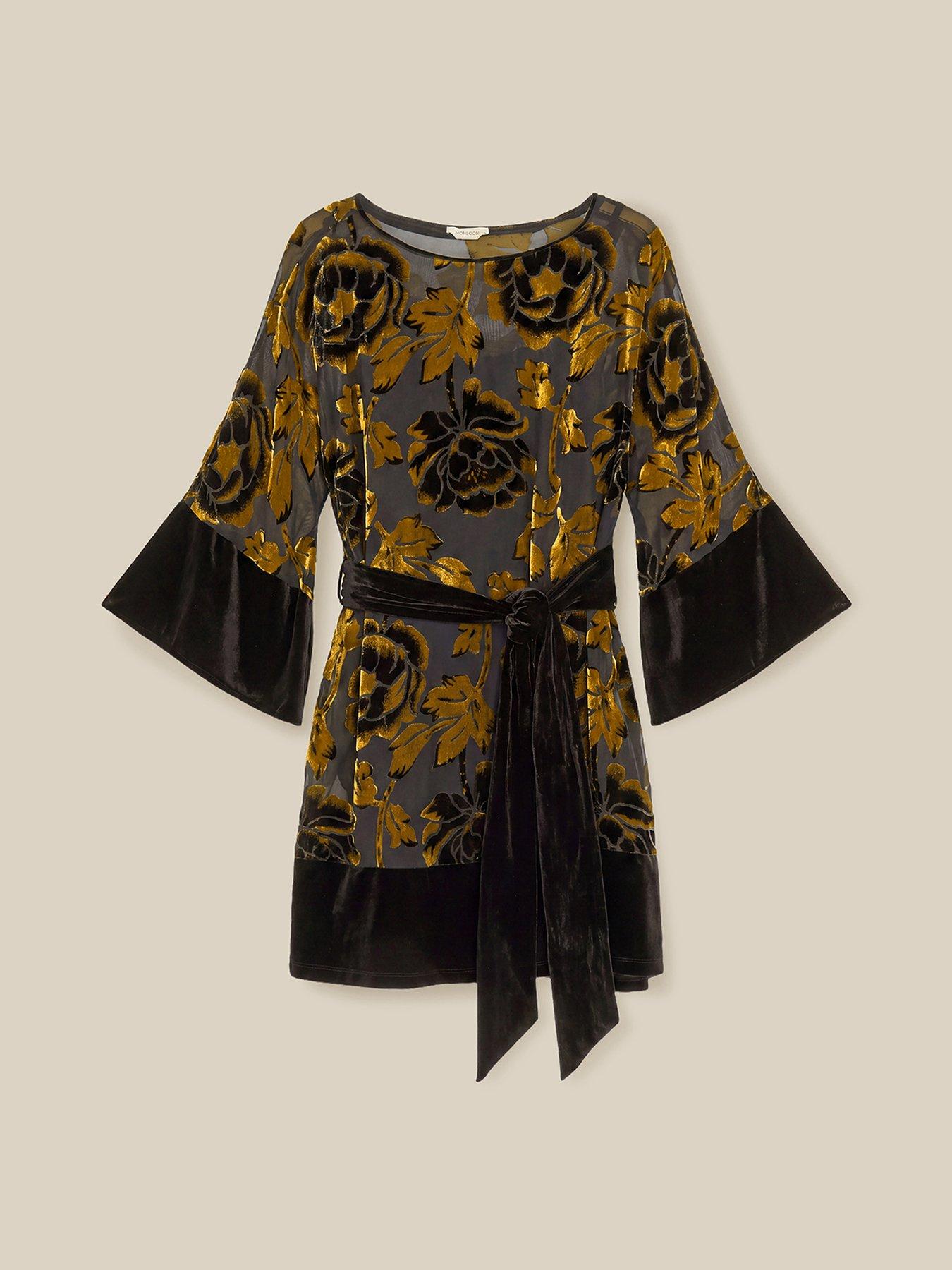 Image 5 of 5 of Monsoon Womens Octavia Floral Burnout Tie Waist Tunic Dress - Gold