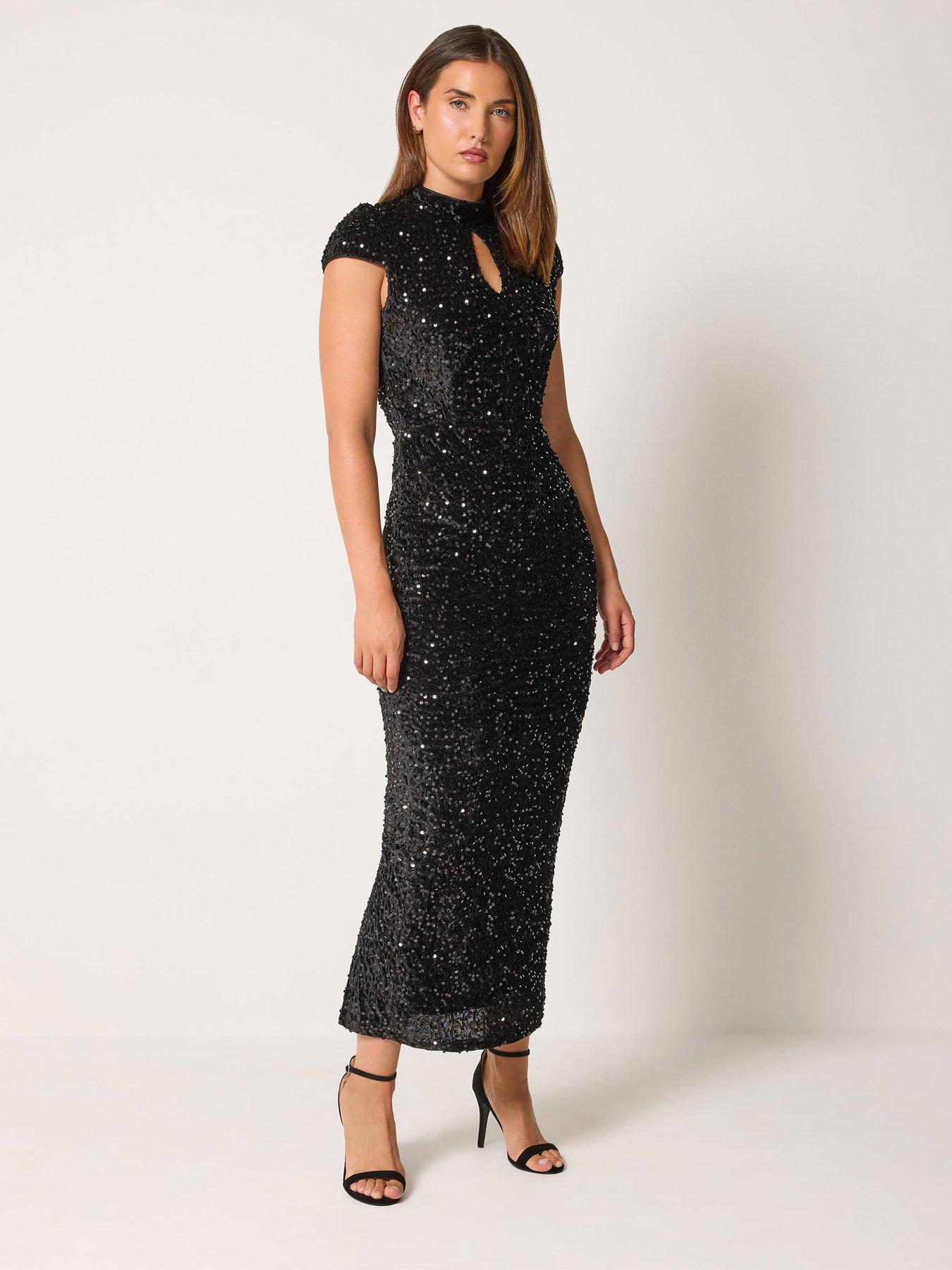 Image 1 of 4 of Long Tall Sally Womens Tall Sequin Velvet Keyhole Maxi Dress - Black