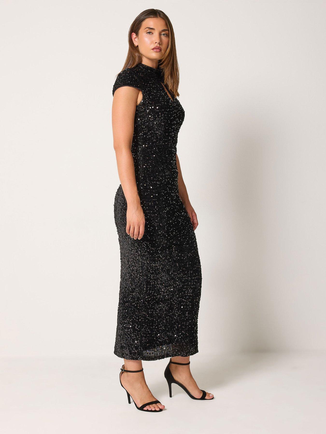 Image 3 of 4 of Long Tall Sally Womens Tall Sequin Velvet Keyhole Maxi Dress - Black