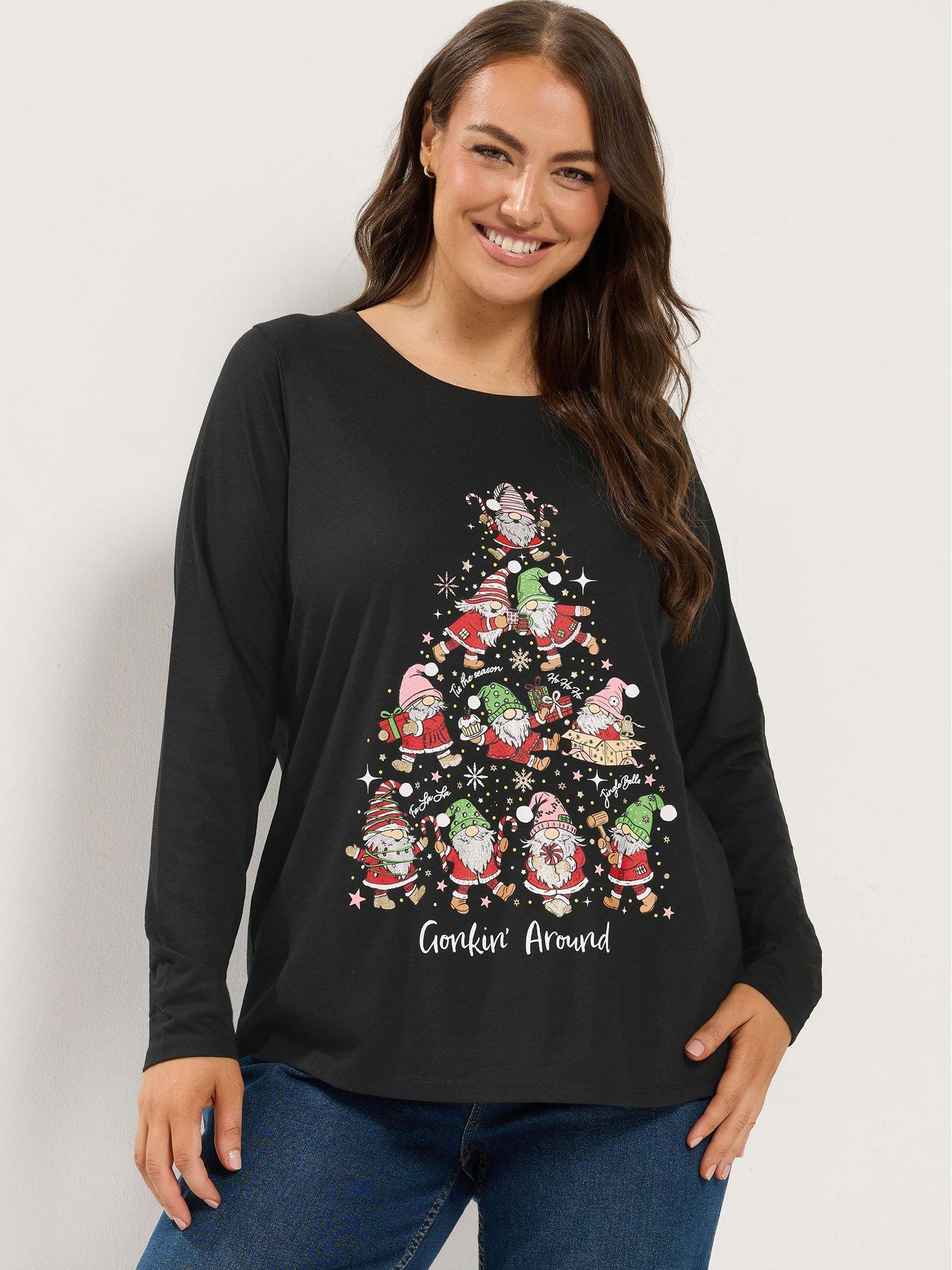 Image 1 of 4 of Yours Womens Curve Christmas Long Sleeve Novelty T-Shirt - Black
