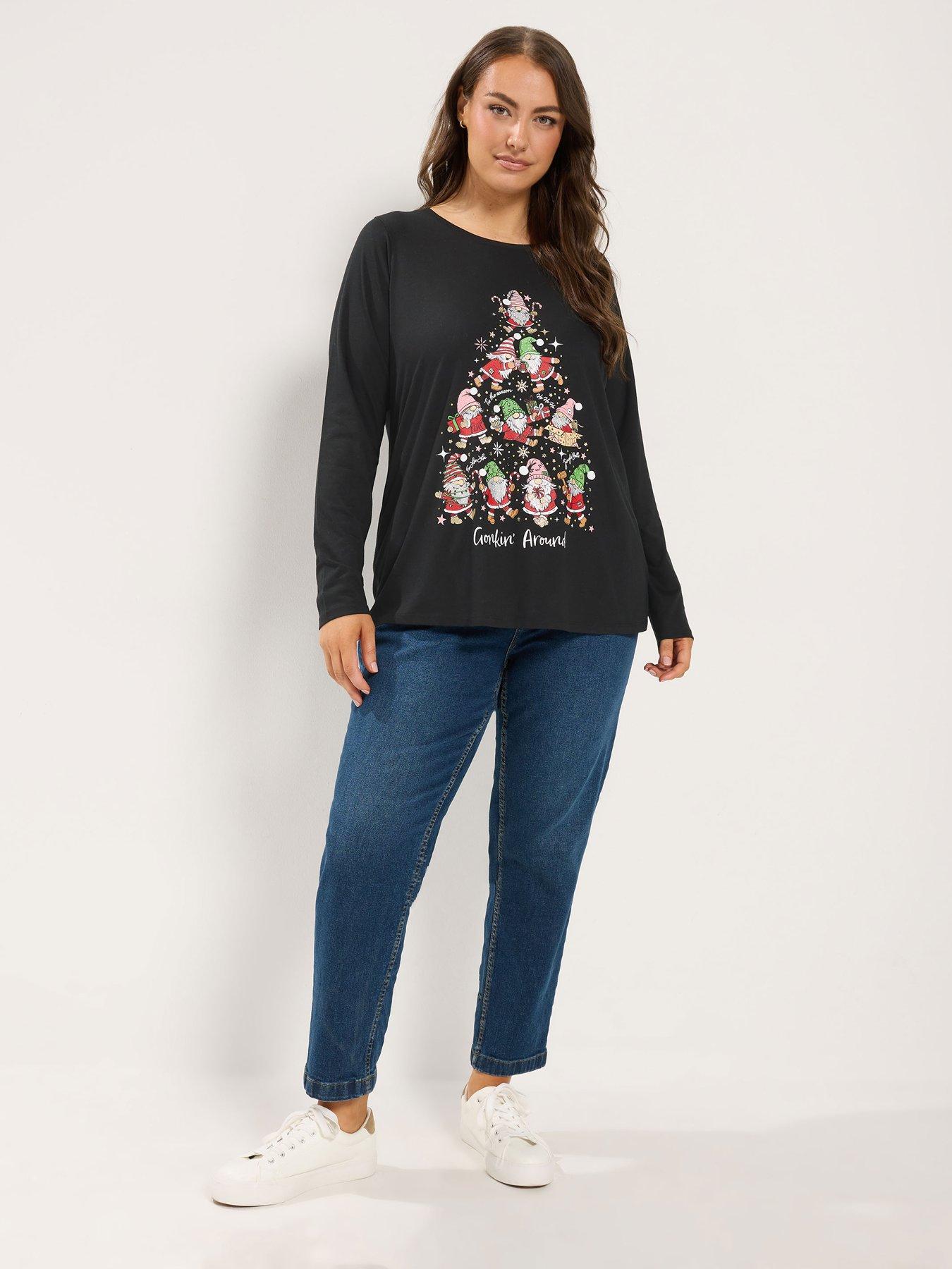 Image 3 of 4 of Yours Womens Curve Christmas Long Sleeve Novelty T-Shirt - Black