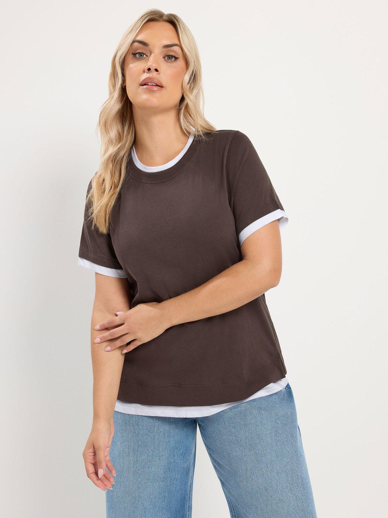Image 1 of 4 of Yours Womens Curve 2 In 1 Layered-Look Contrast Trim T-Shirt - Brown
