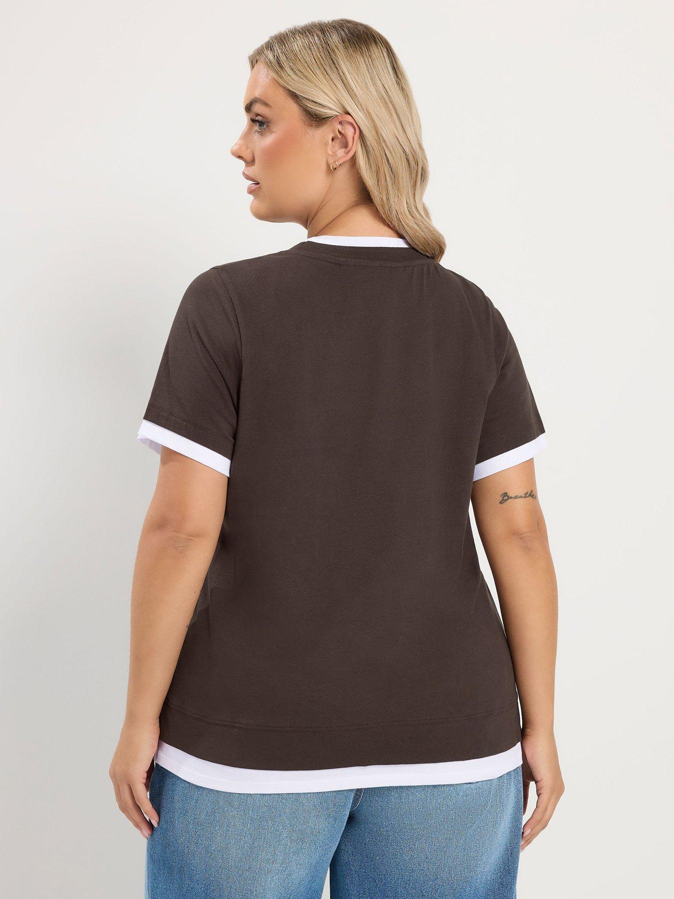 Image 2 of 4 of Yours Womens Curve 2 In 1 Layered-Look Contrast Trim T-Shirt - Brown