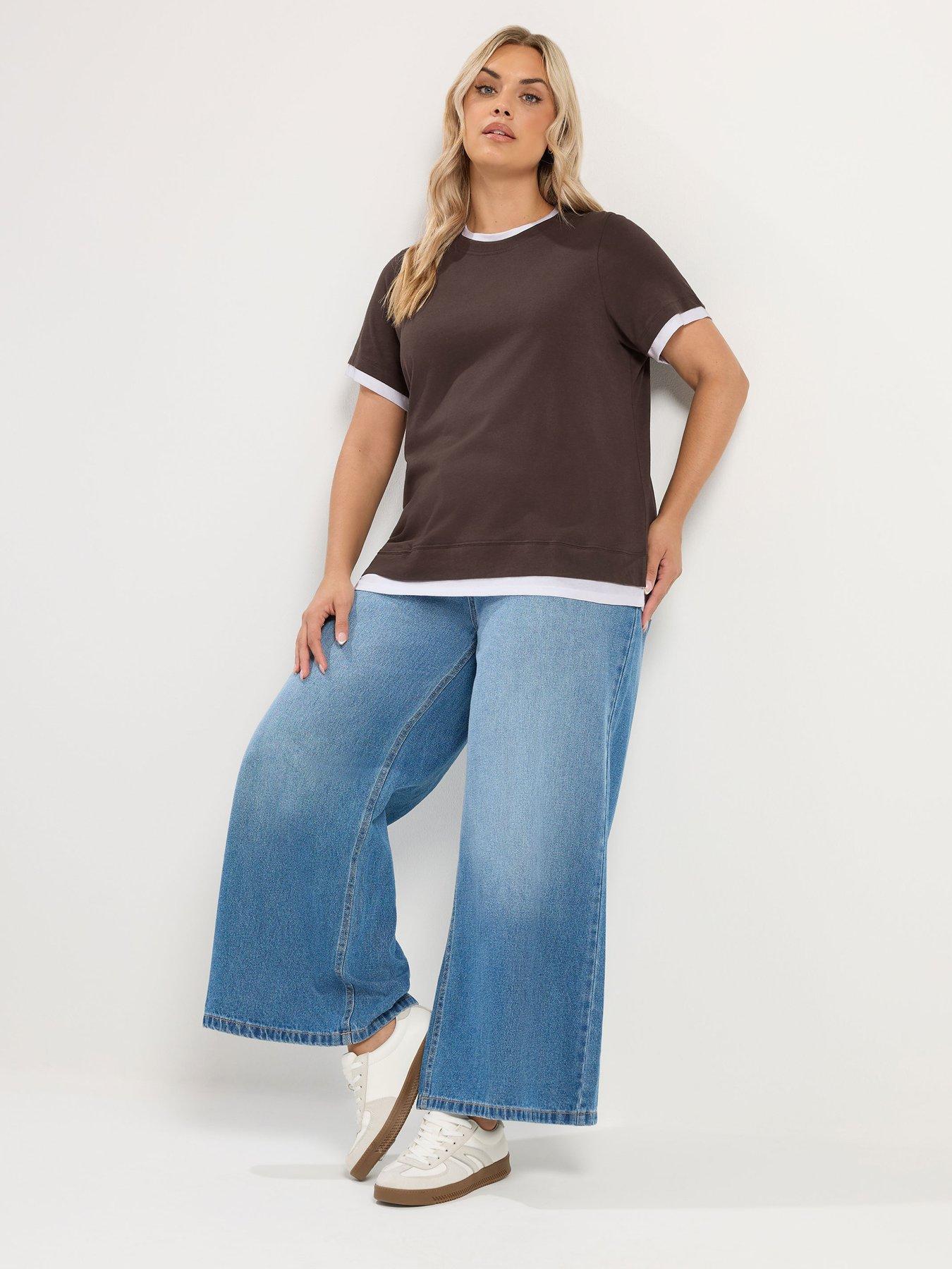 Image 3 of 4 of Yours Womens Curve 2 In 1 Layered-Look Contrast Trim T-Shirt - Brown