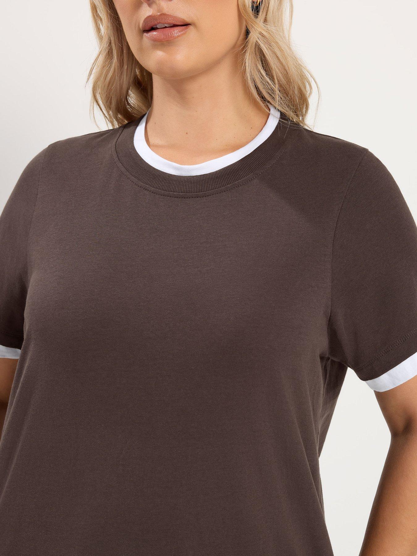 Image 4 of 4 of Yours Womens Curve 2 In 1 Layered-Look Contrast Trim T-Shirt - Brown