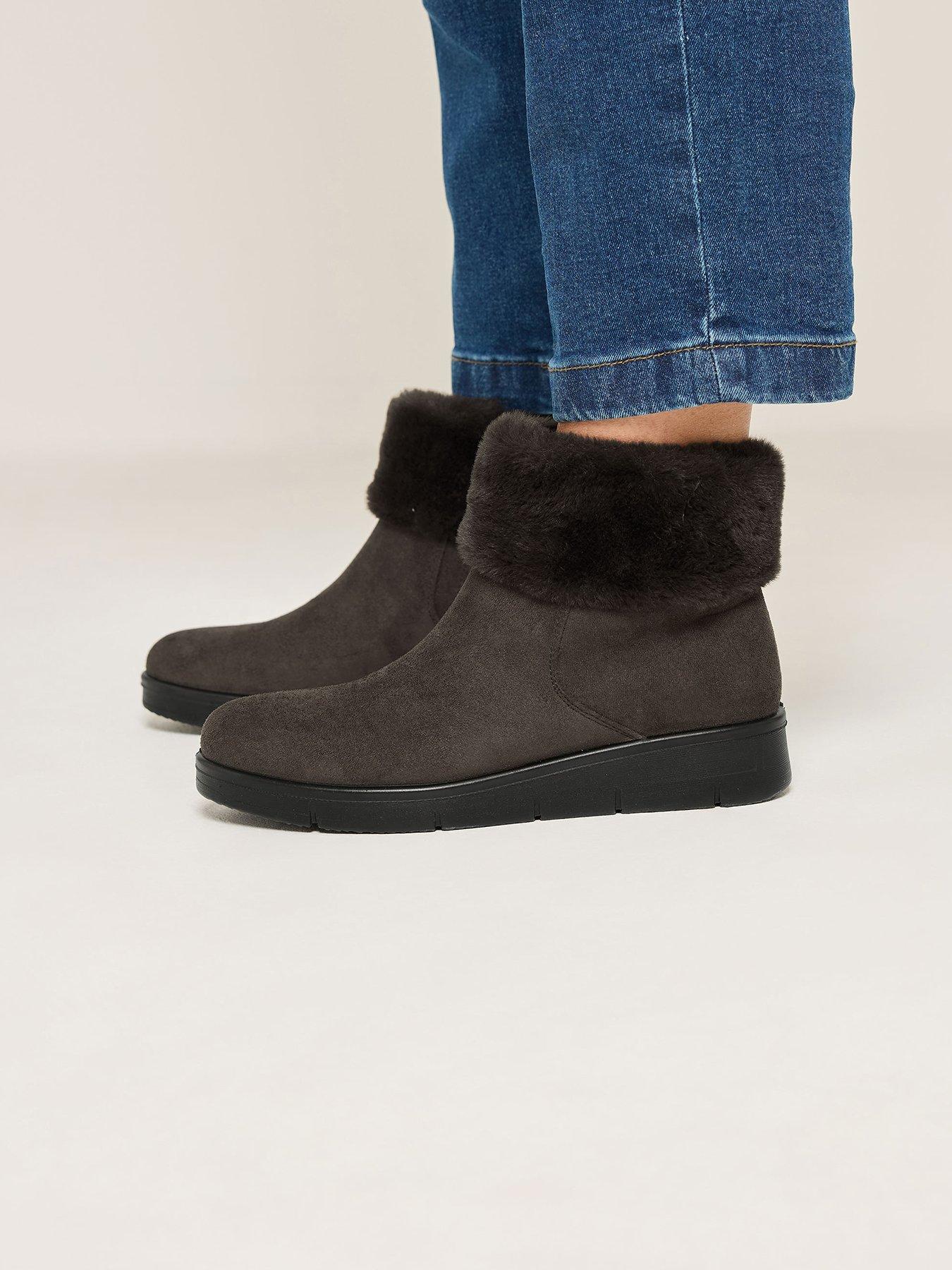 Yours Yours Womens Wide Fit Low Wedge Faux Fur Ankle Boots - Brown