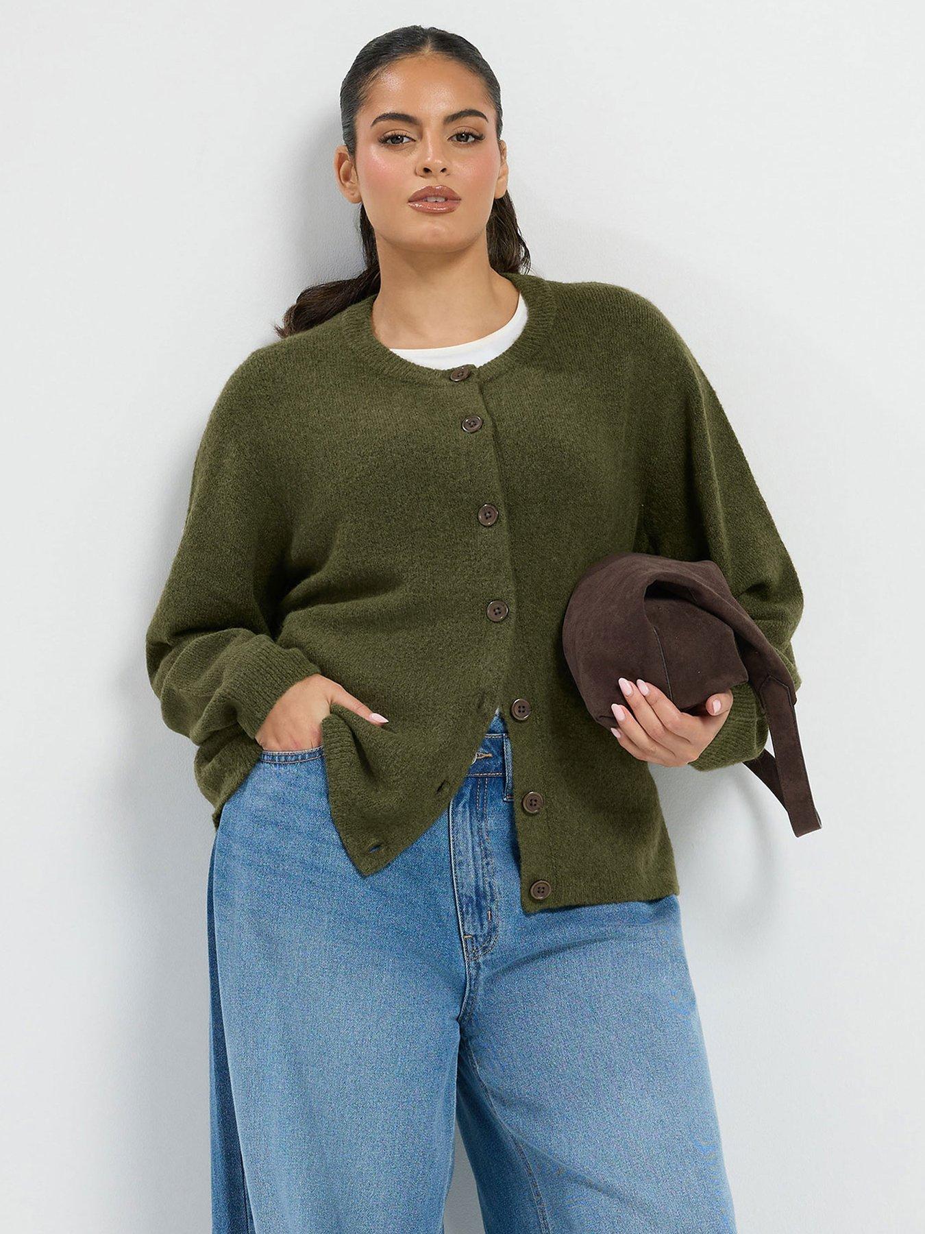 Image 1 of 4 of Yours Womens Curve Sweatshirt Neck Button Front Cardigan - Green