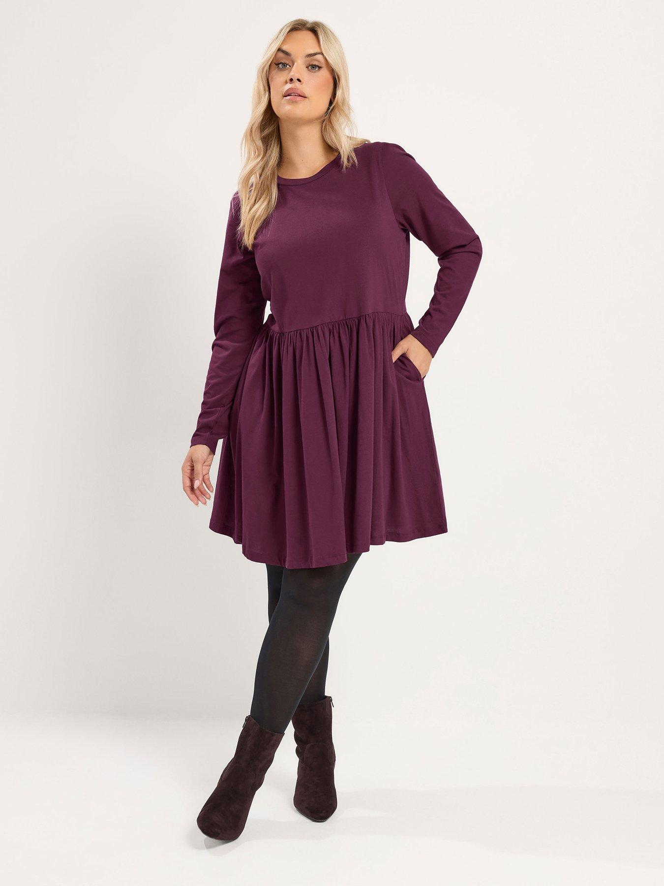 Image 1 of 4 of Yours Womens Curve Basic Peplum Side Pockets Long Sleeve Dress - Purple