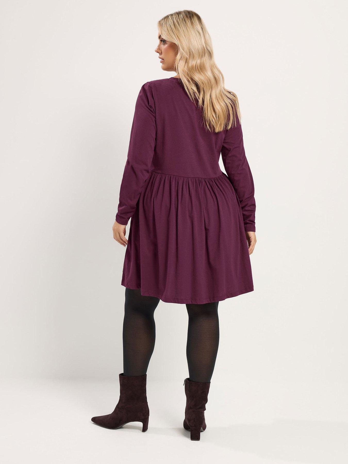 Image 2 of 4 of Yours Womens Curve Basic Peplum Side Pockets Long Sleeve Dress - Purple