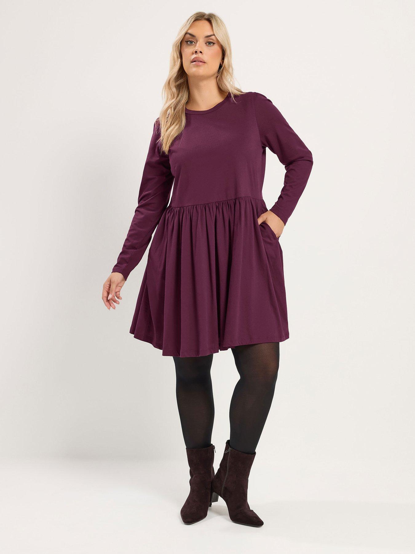 Image 3 of 4 of Yours Womens Curve Basic Peplum Side Pockets Long Sleeve Dress - Purple