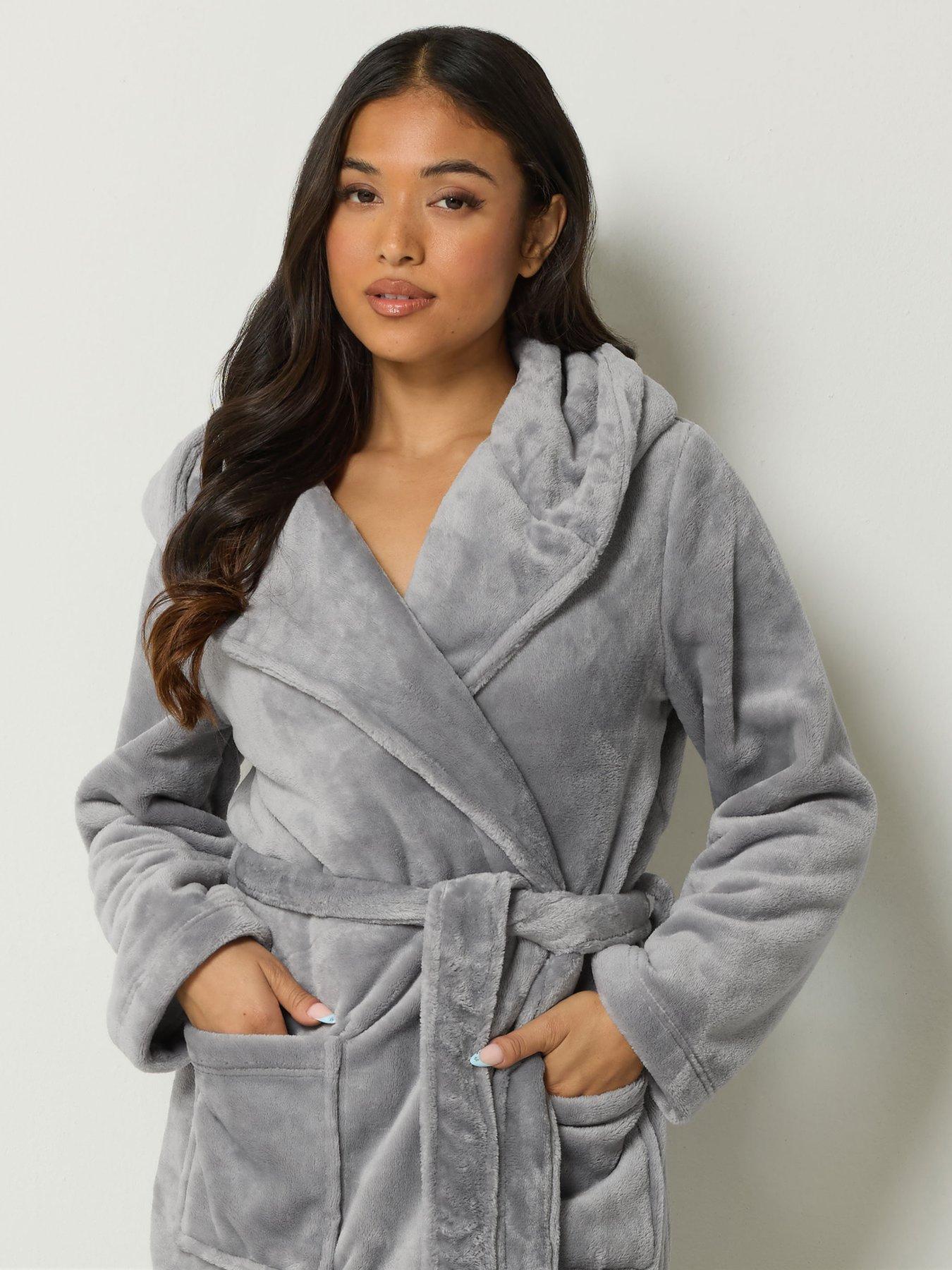 Image 4 of 4 of PixieGirl Womens Petite Super Luxe Hooded Tie Belt Dressing Gown - Grey