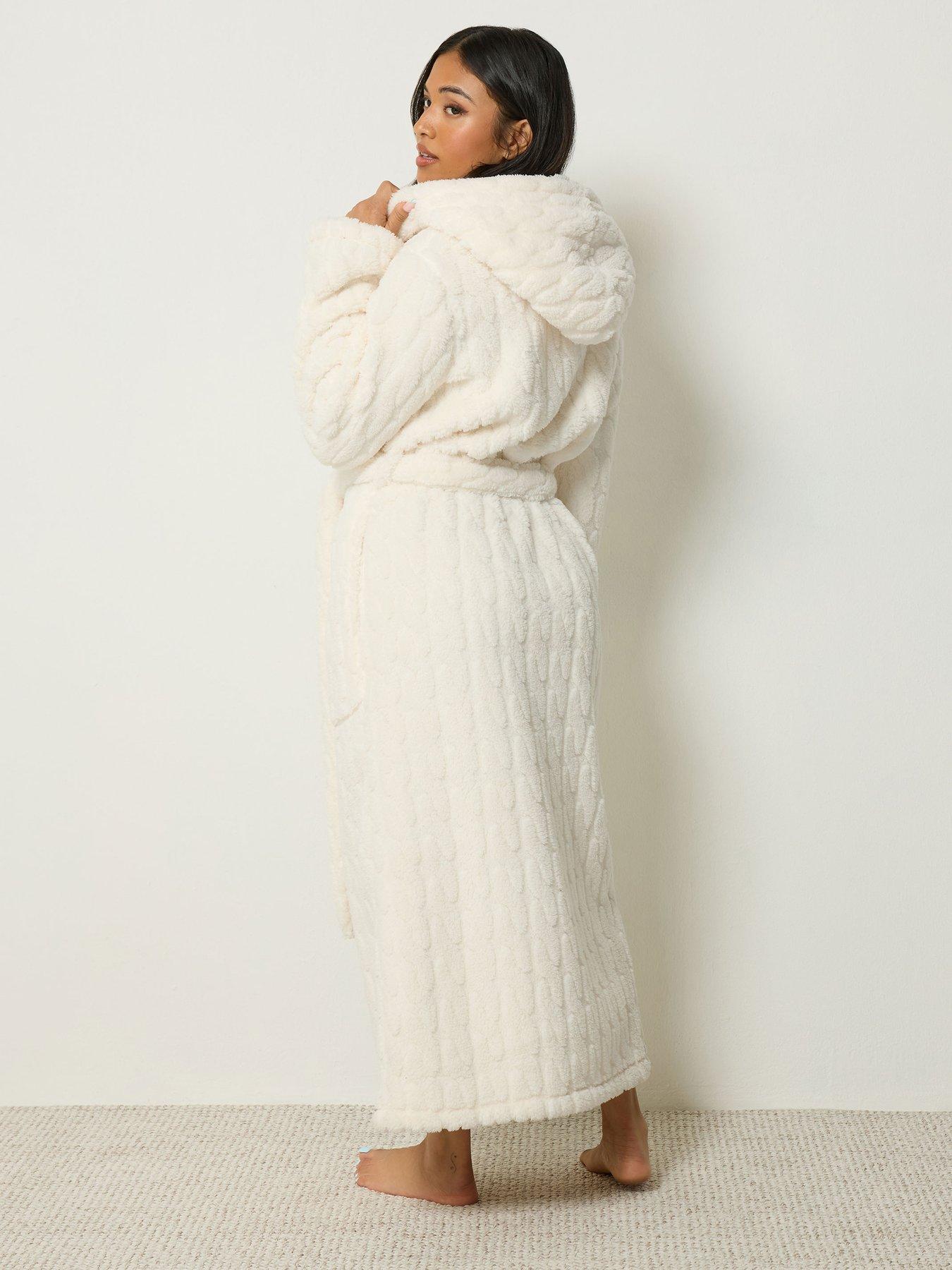 Image 2 of 4 of PixieGirl Womens Petite Cable Hooded Maxi Dressing Gown - White