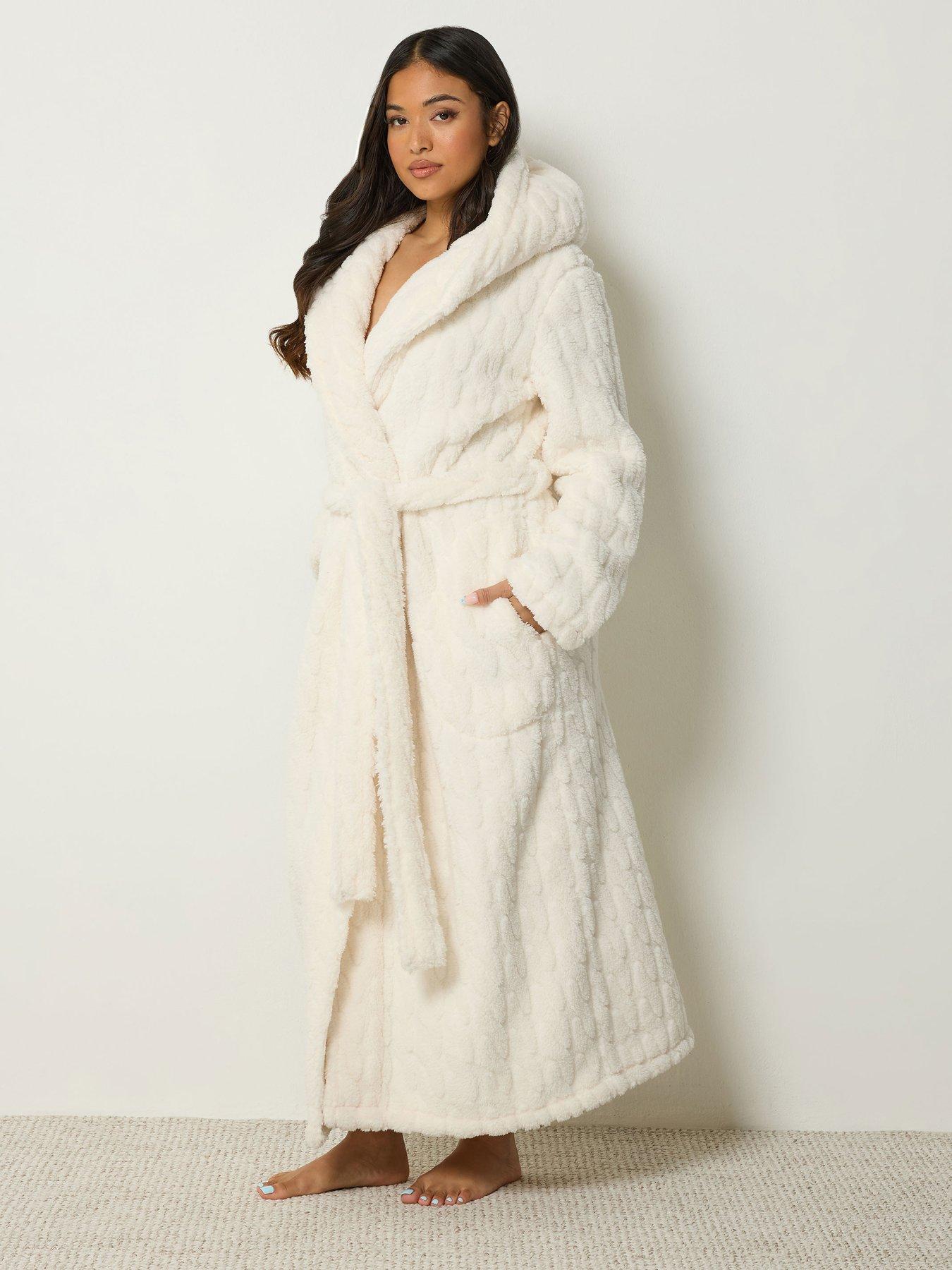 Image 3 of 4 of PixieGirl Womens Petite Cable Hooded Maxi Dressing Gown - White