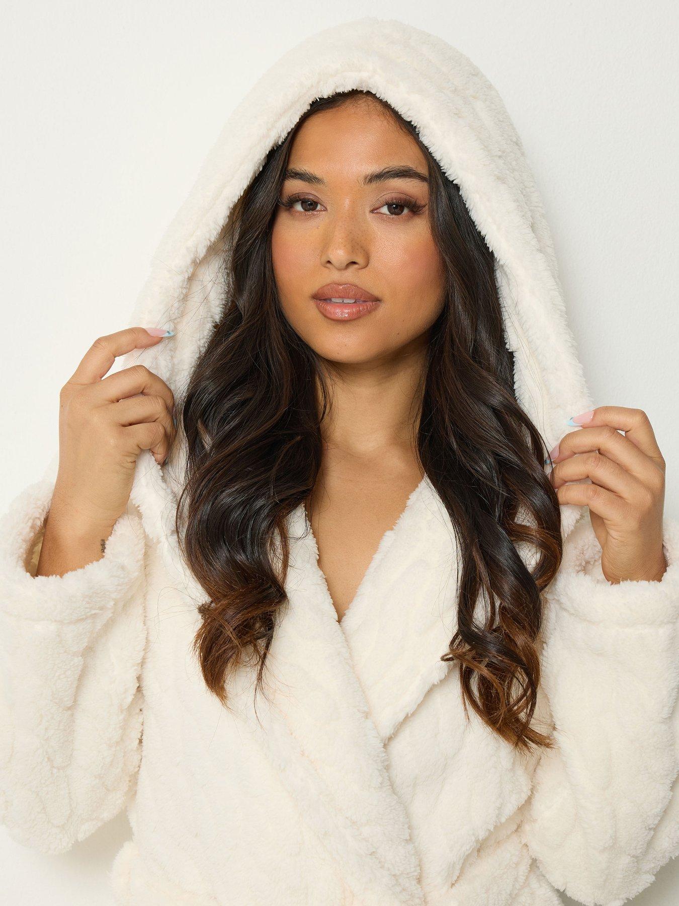 Image 4 of 4 of PixieGirl Womens Petite Cable Hooded Maxi Dressing Gown - White
