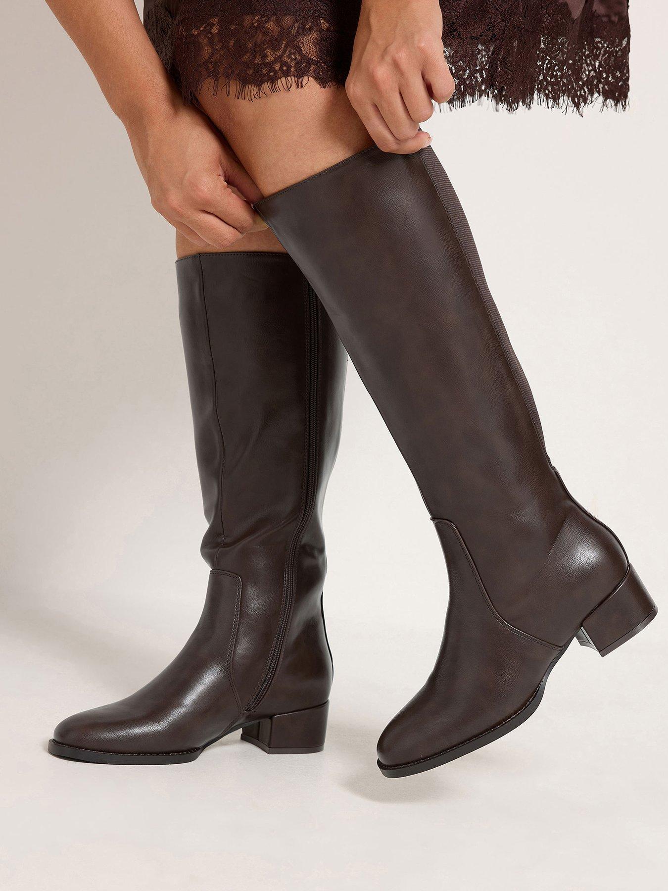 Image 1 of 4 of Yours Womens Wide Fit Low Block Knee High Boots - Brown