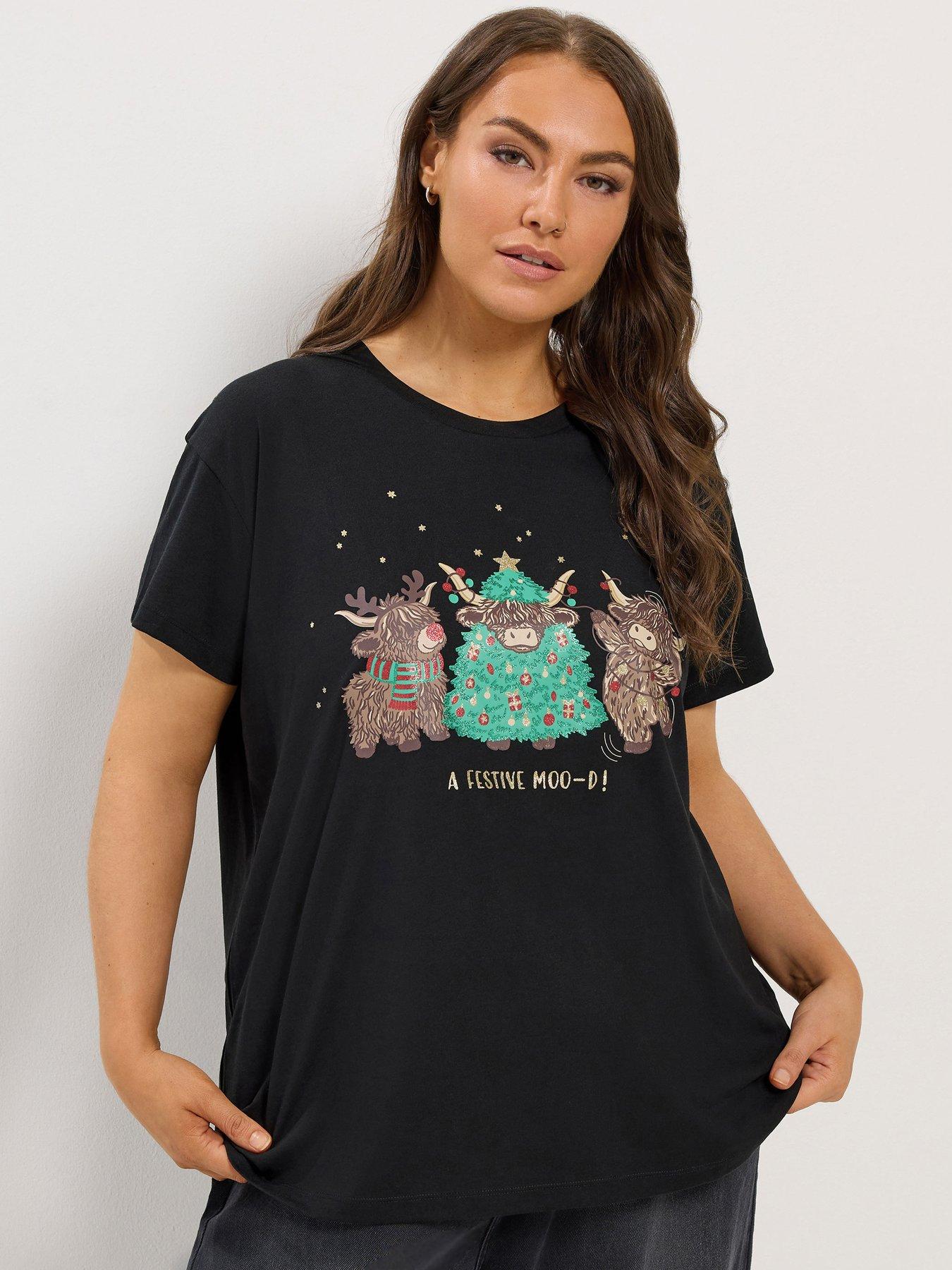 Yours Womens Plus Size Highland Cow Festive Graphic T-Shirt - Black