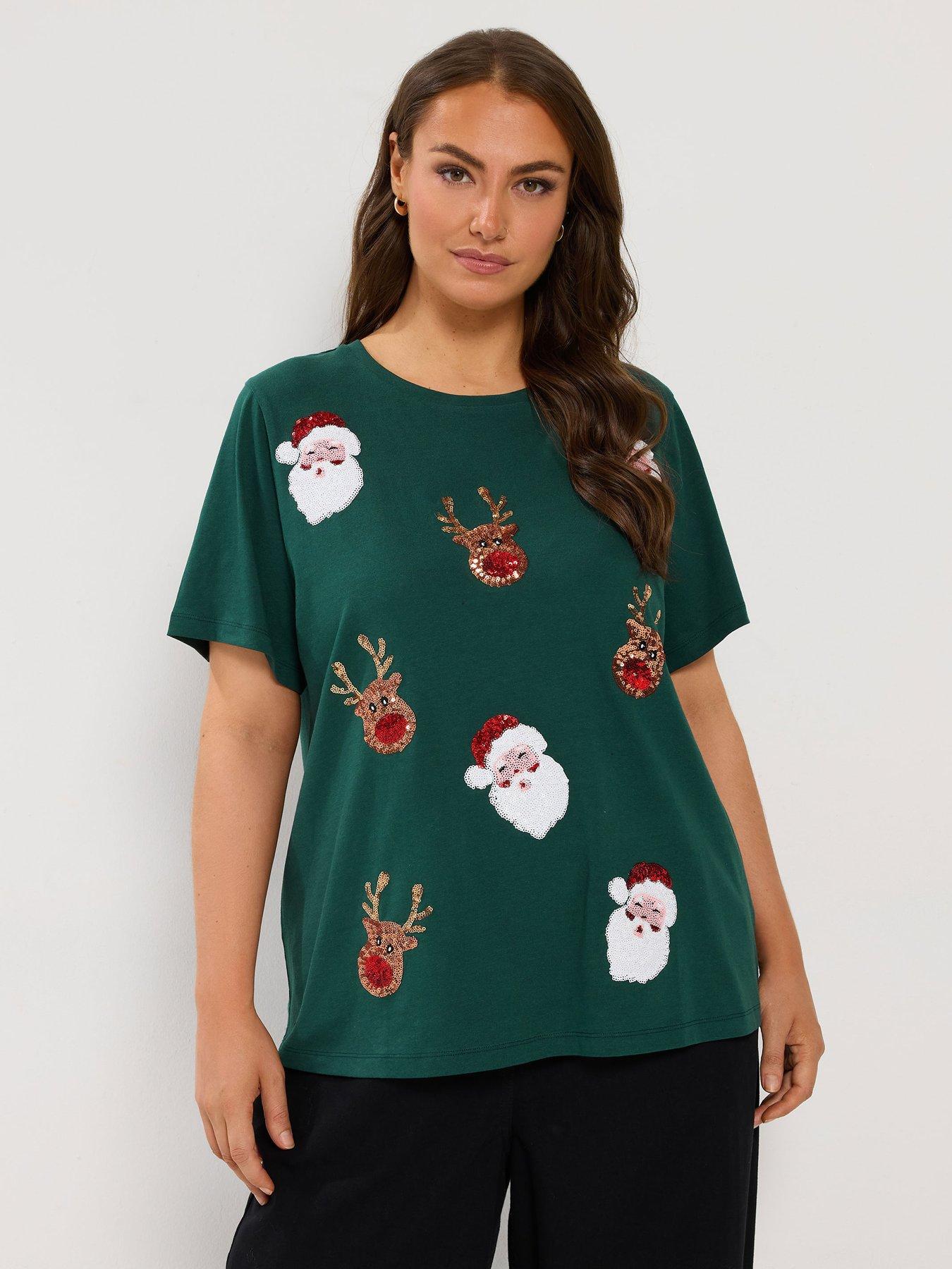 Image 1 of 4 of Yours Womens Curve Sequin Novelty Christmas T-Shirt - Green