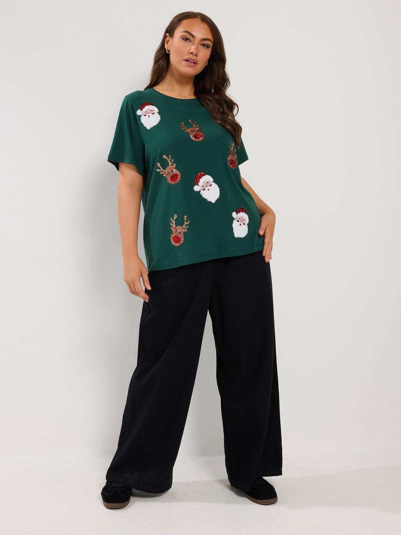Image 3 of 4 of Yours Womens Curve Sequin Novelty Christmas T-Shirt - Green