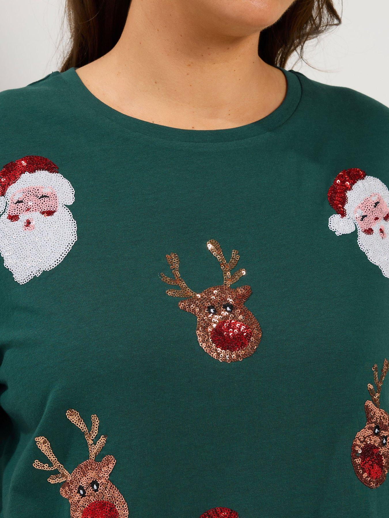 Image 4 of 4 of Yours Womens Curve Sequin Novelty Christmas T-Shirt - Green