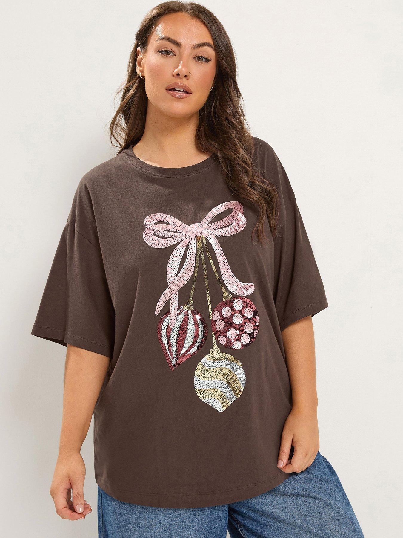 Image 1 of 4 of Yours Womens Curve Baubles Sequin Graphic Relaxed T-Shirt - Brown