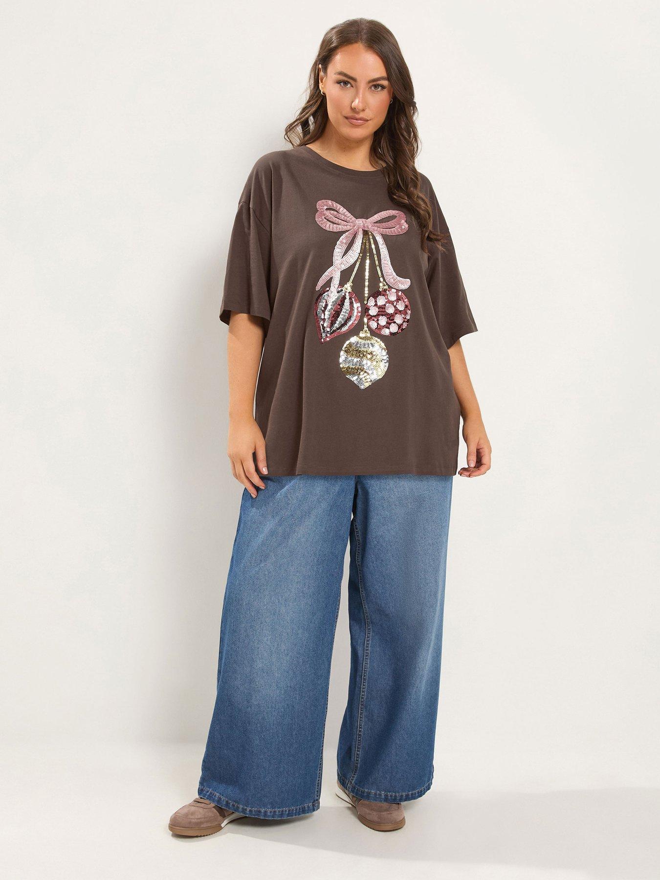Image 3 of 4 of Yours Womens Curve Baubles Sequin Graphic Relaxed T-Shirt - Brown