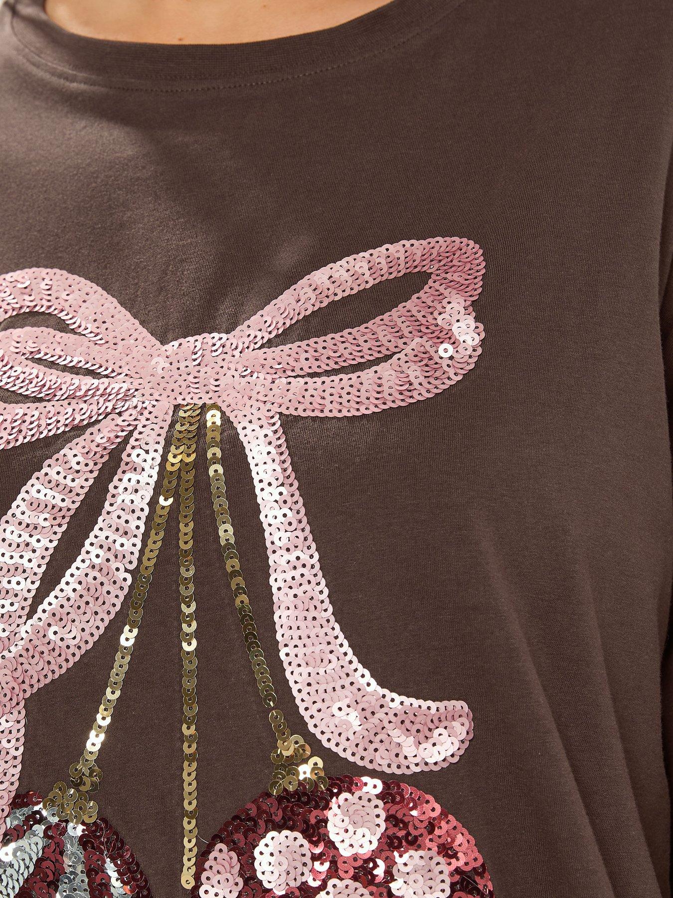 Image 4 of 4 of Yours Womens Curve Baubles Sequin Graphic Relaxed T-Shirt - Brown