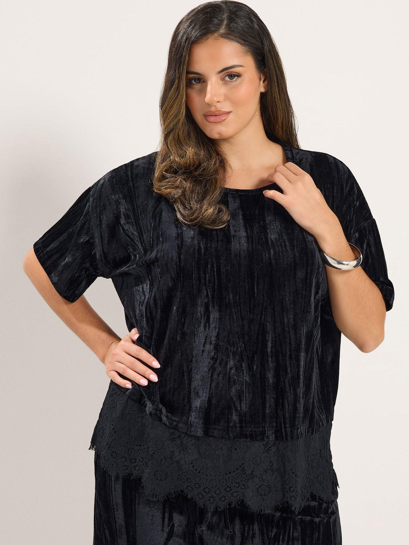 Image 1 of 4 of Yours Curve Crushed Velour Lace Hem Top