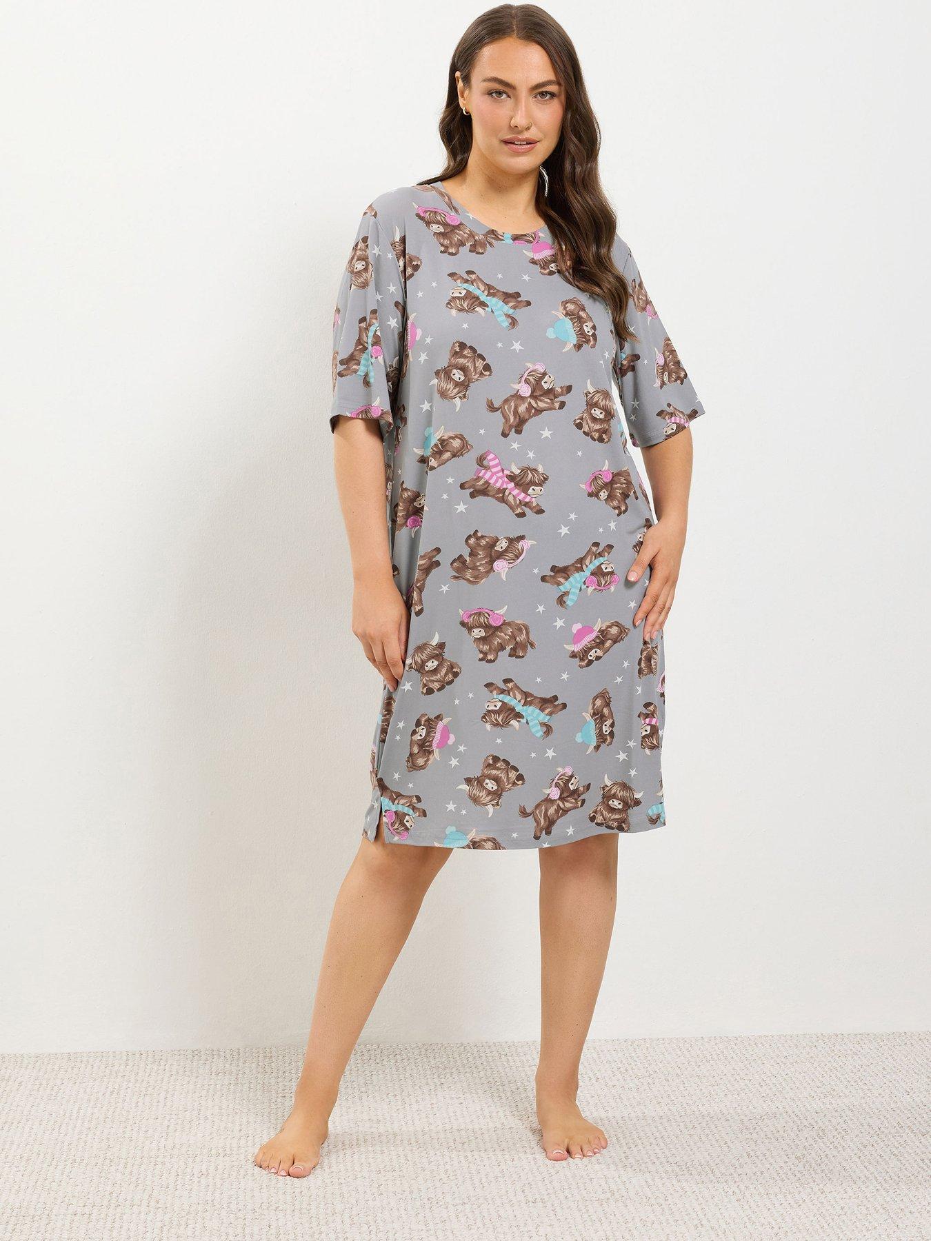 Yours Womens Plus Size Highland Cow Soft Touch Nightdress - Grey