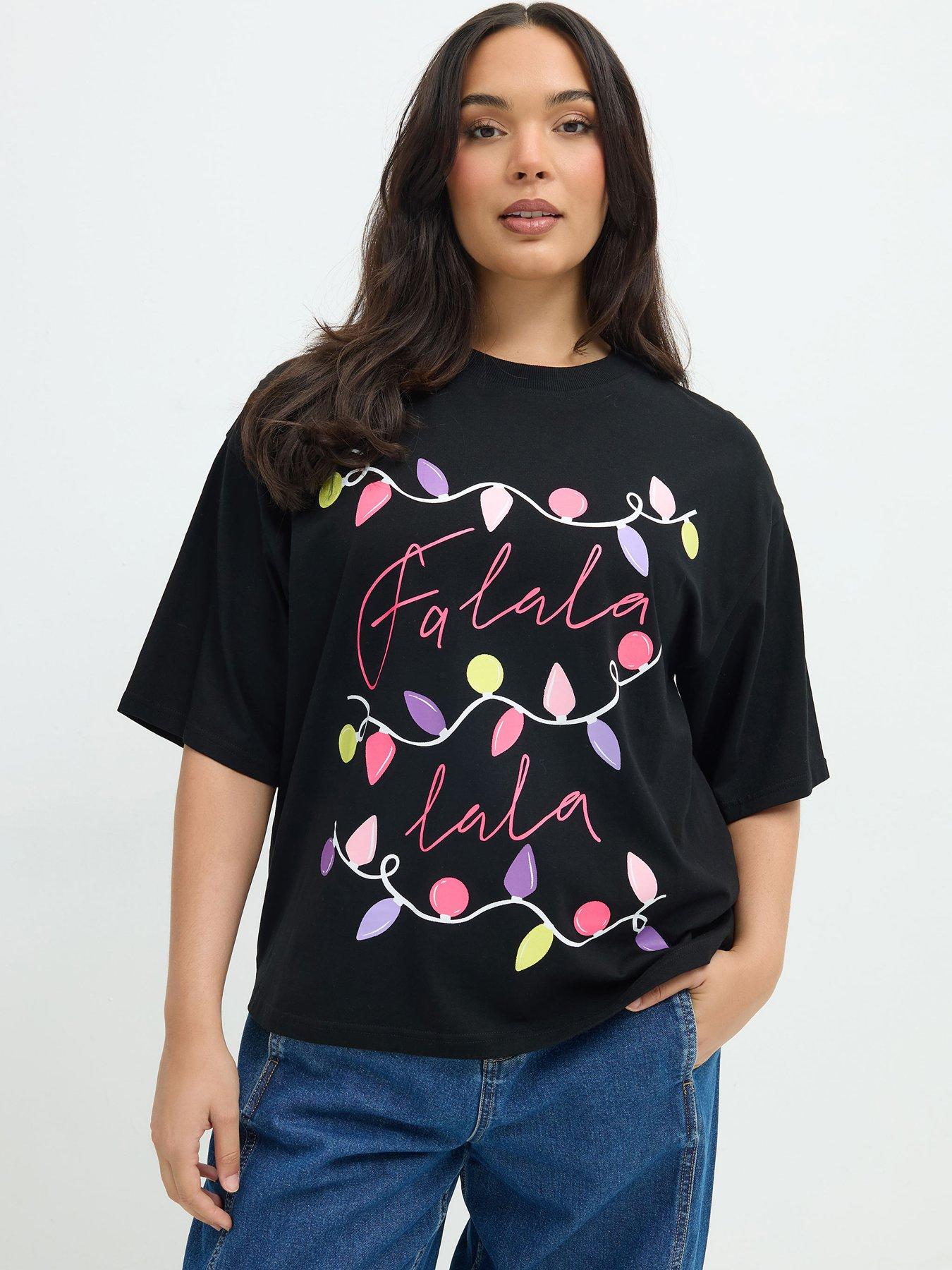 Image 1 of 4 of Yours Womens Curve Glow In Dark Christmas Lights T-Shirt - Black