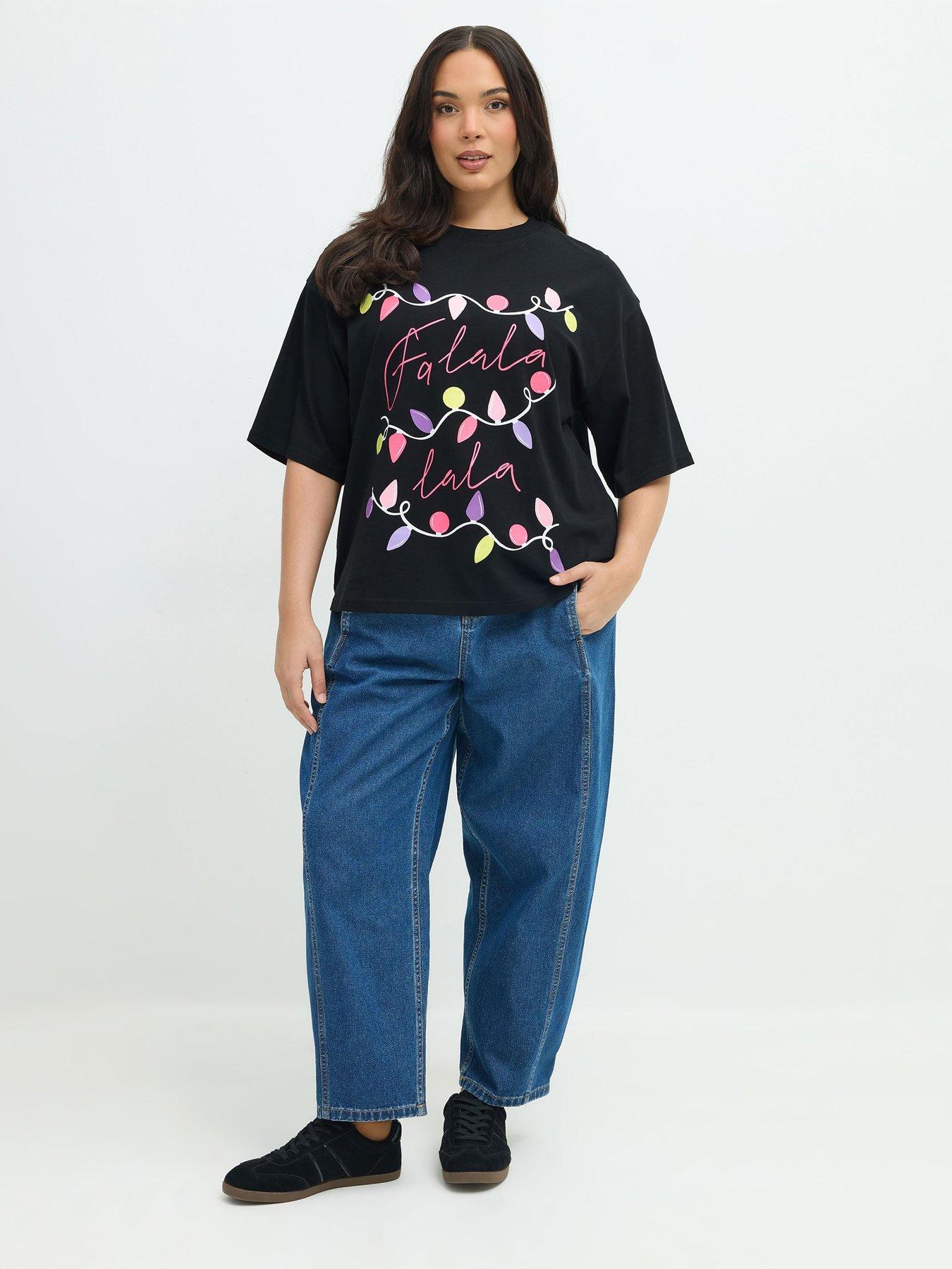 Image 3 of 4 of Yours Womens Curve Glow In Dark Christmas Lights T-Shirt - Black