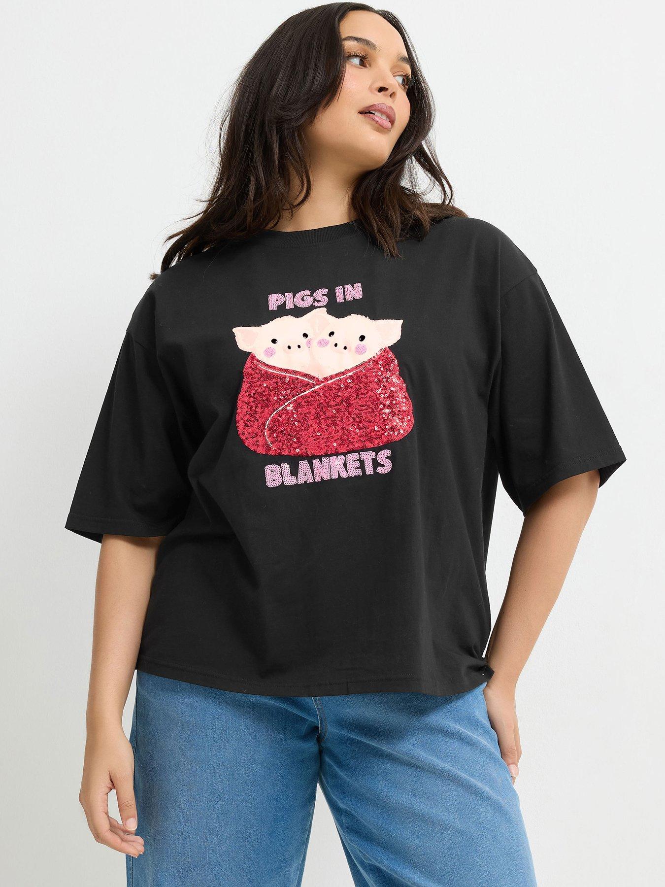 Image 1 of 4 of Yours Womens Curve Pigs In Blanket Christmas T-Shirt - Black