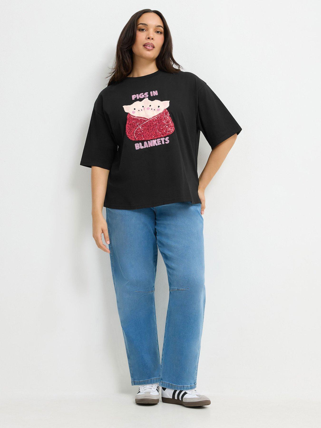 Image 3 of 4 of Yours Womens Curve Pigs In Blanket Christmas T-Shirt - Black