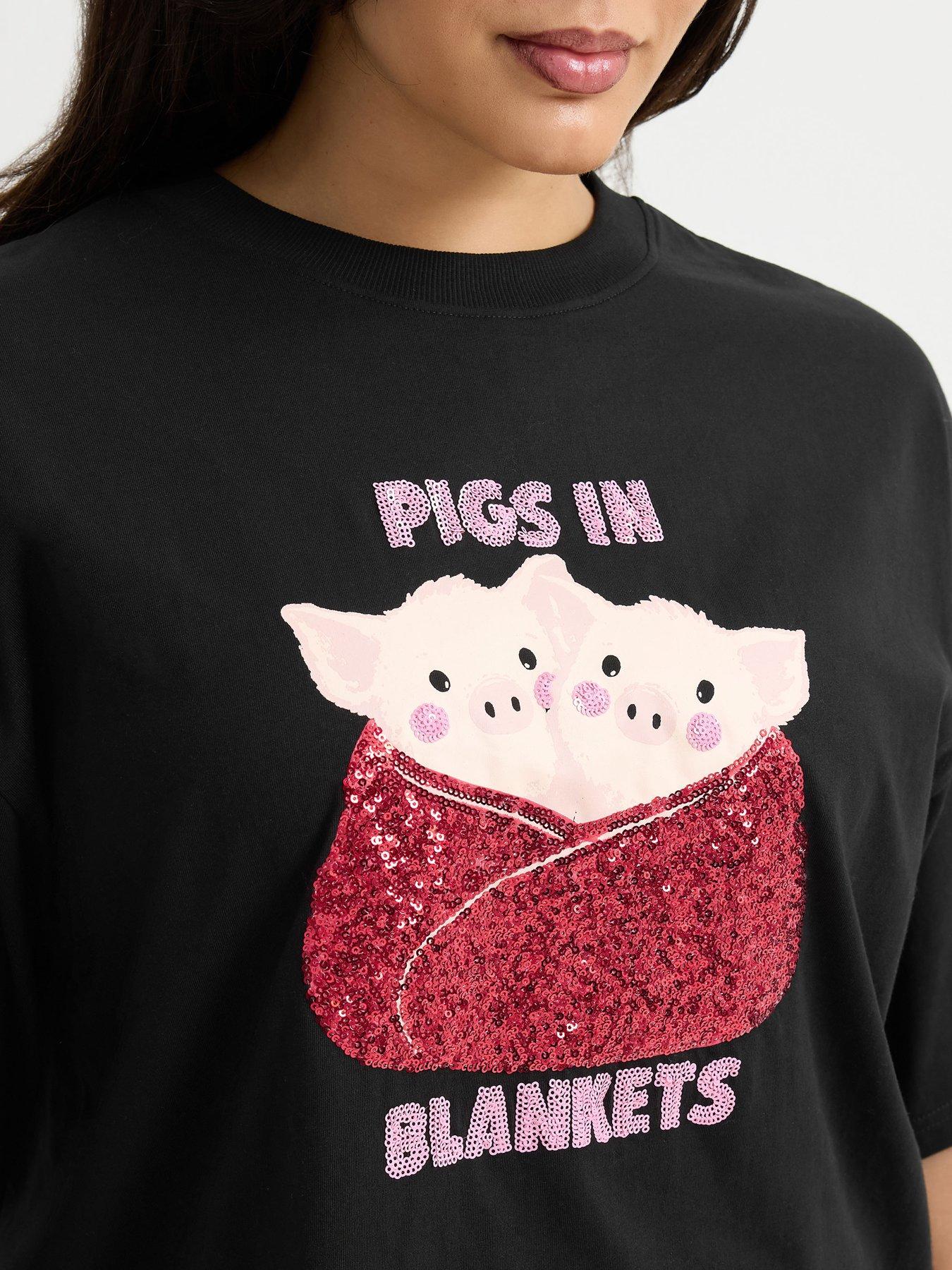 Image 4 of 4 of Yours Womens Curve Pigs In Blanket Christmas T-Shirt - Black