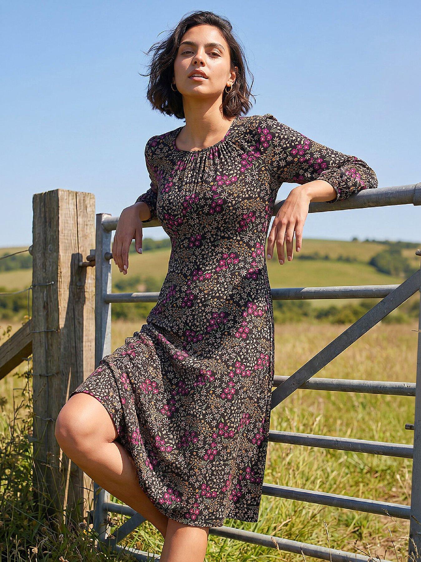 Image 1 of 4 of Roman Womens Square Neck Ditsy Dress - Black