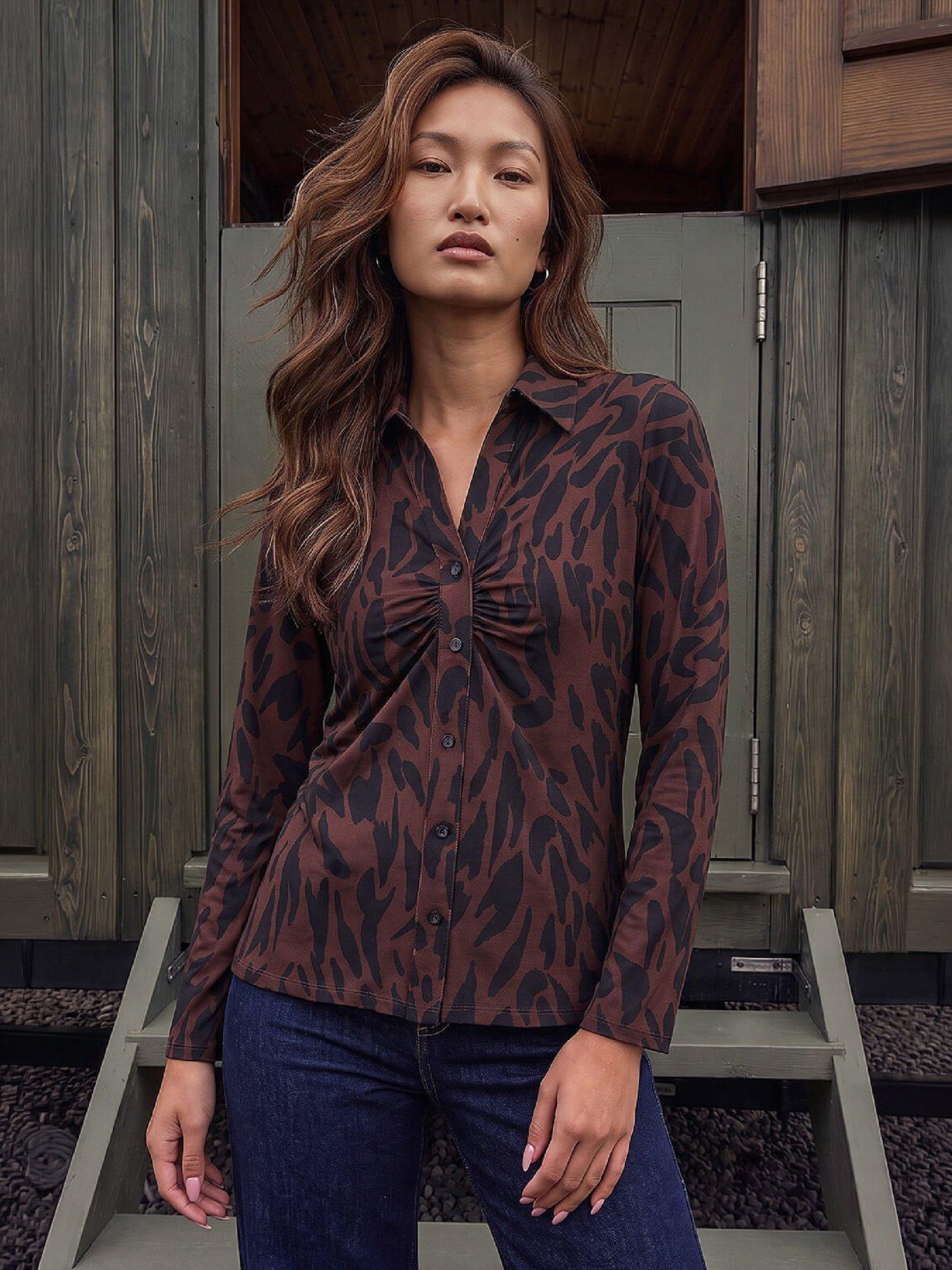 Image 1 of 4 of Roman Womens Abstract Print Mock Button Through Blouse - Brown