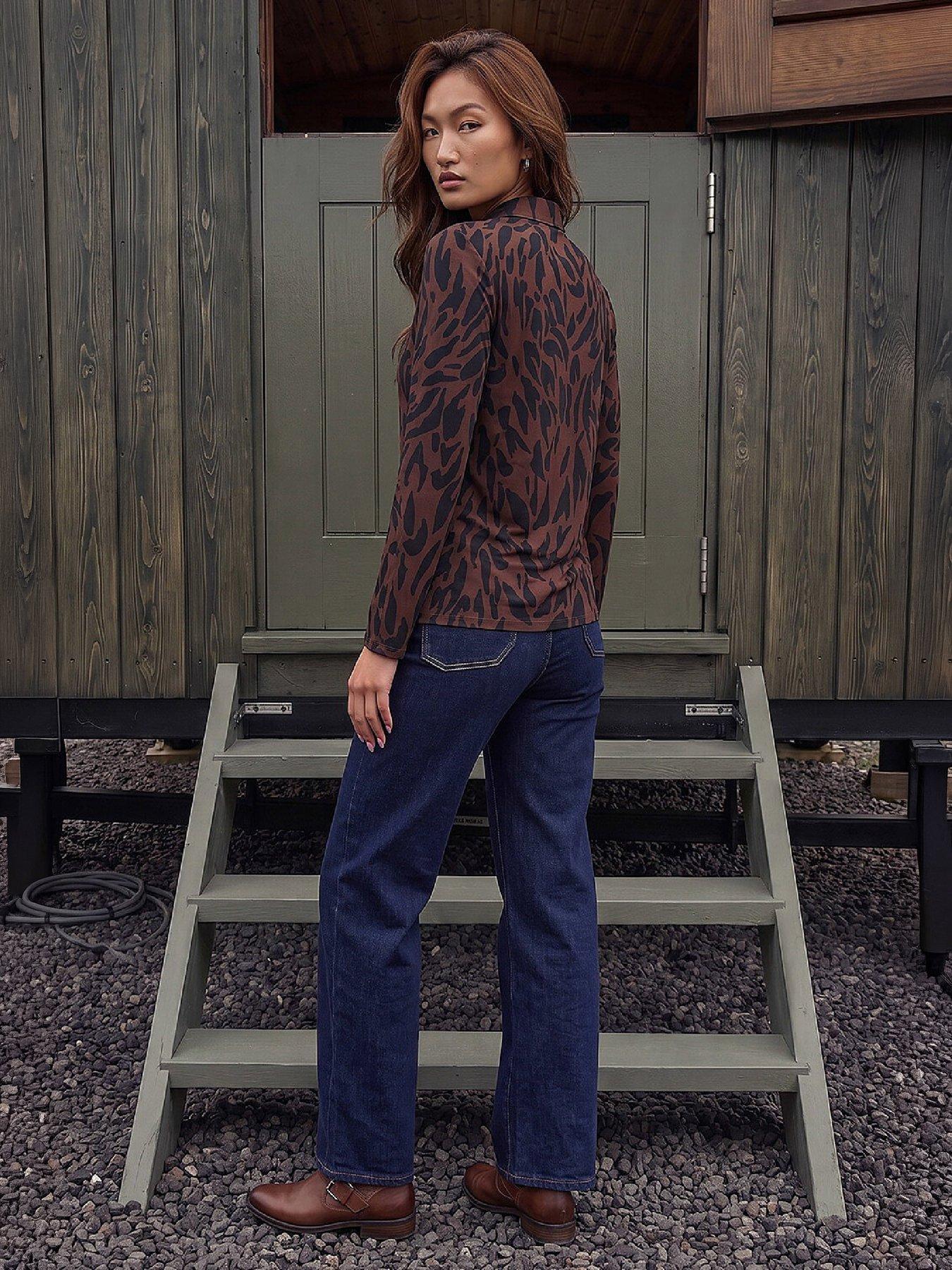 Image 3 of 4 of Roman Womens Abstract Print Mock Button Through Blouse - Brown
