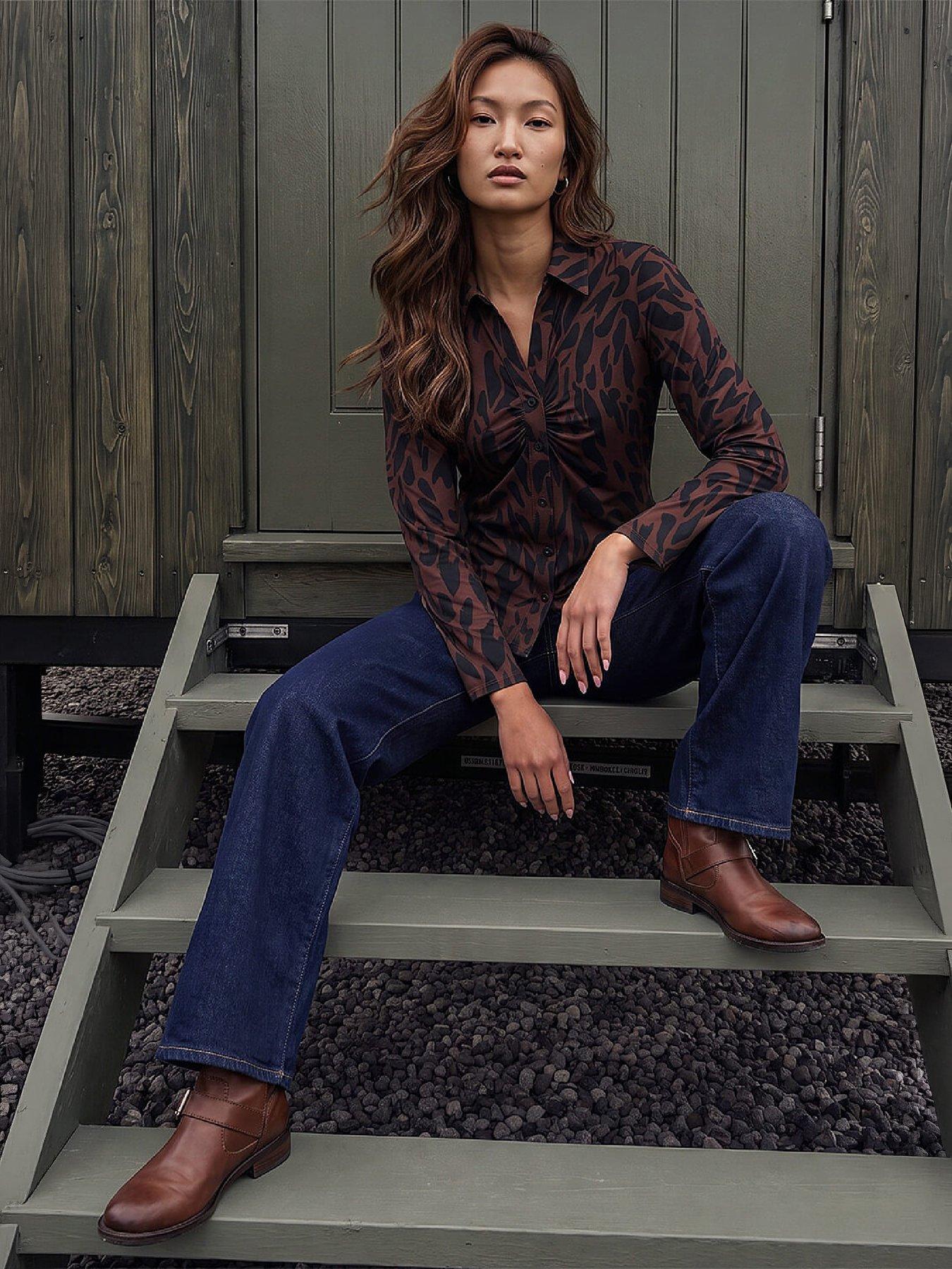 Image 4 of 4 of Roman Womens Abstract Print Mock Button Through Blouse - Brown