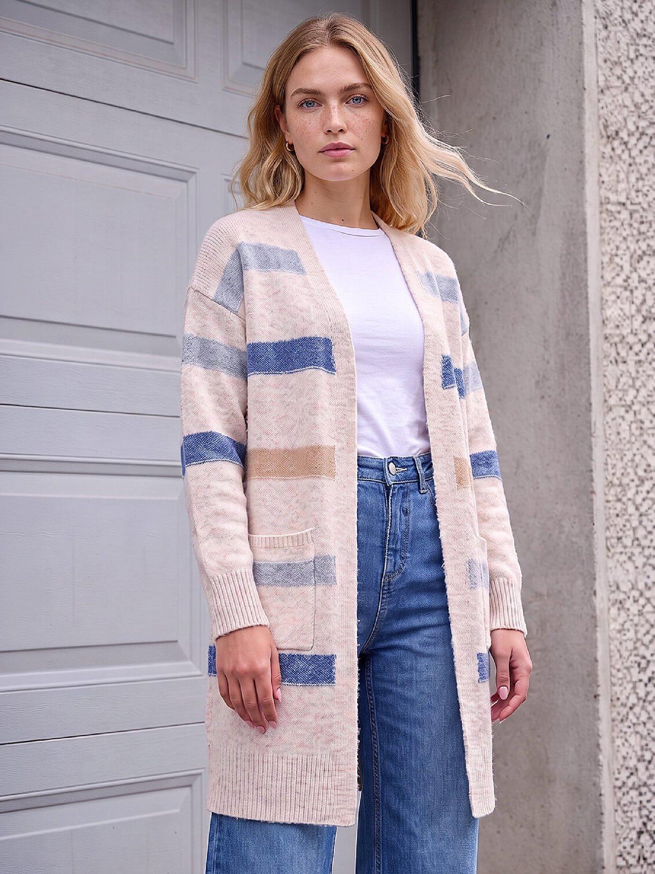 Image 1 of 4 of Roman Womens Soft Knit Stripe Cardigan - Cream