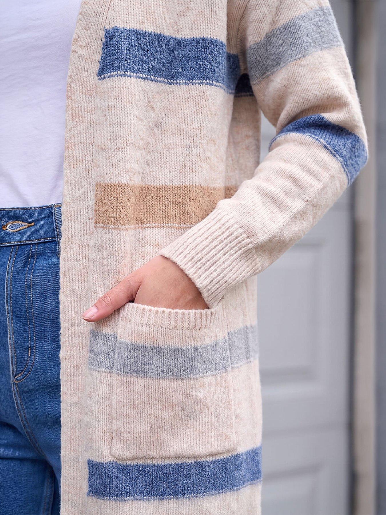 Image 2 of 4 of Roman Womens Soft Knit Stripe Cardigan - Cream