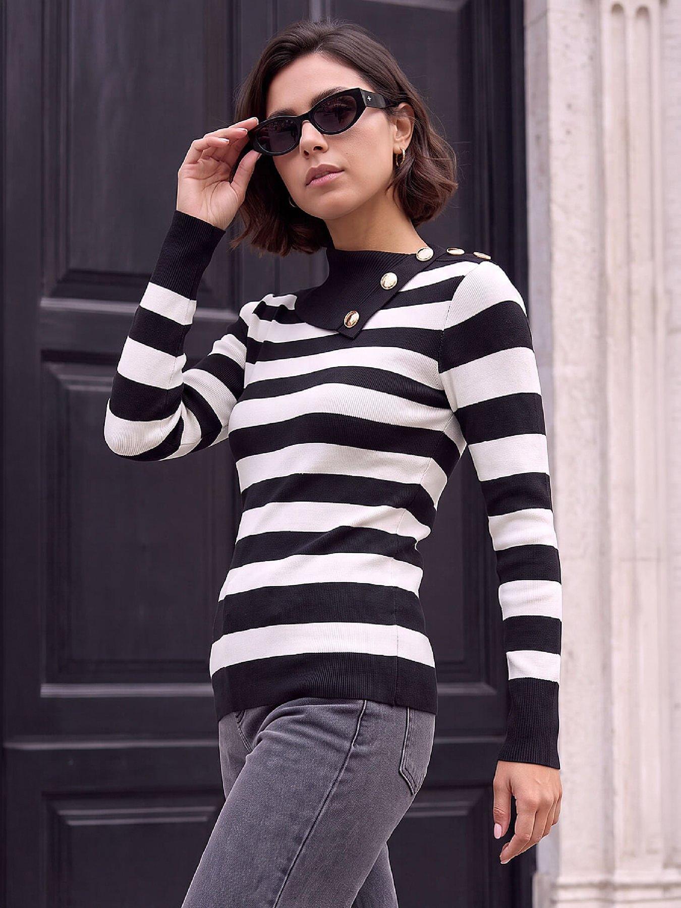 Image 1 of 4 of Roman Womens Striped Silver Button Jumper - Black