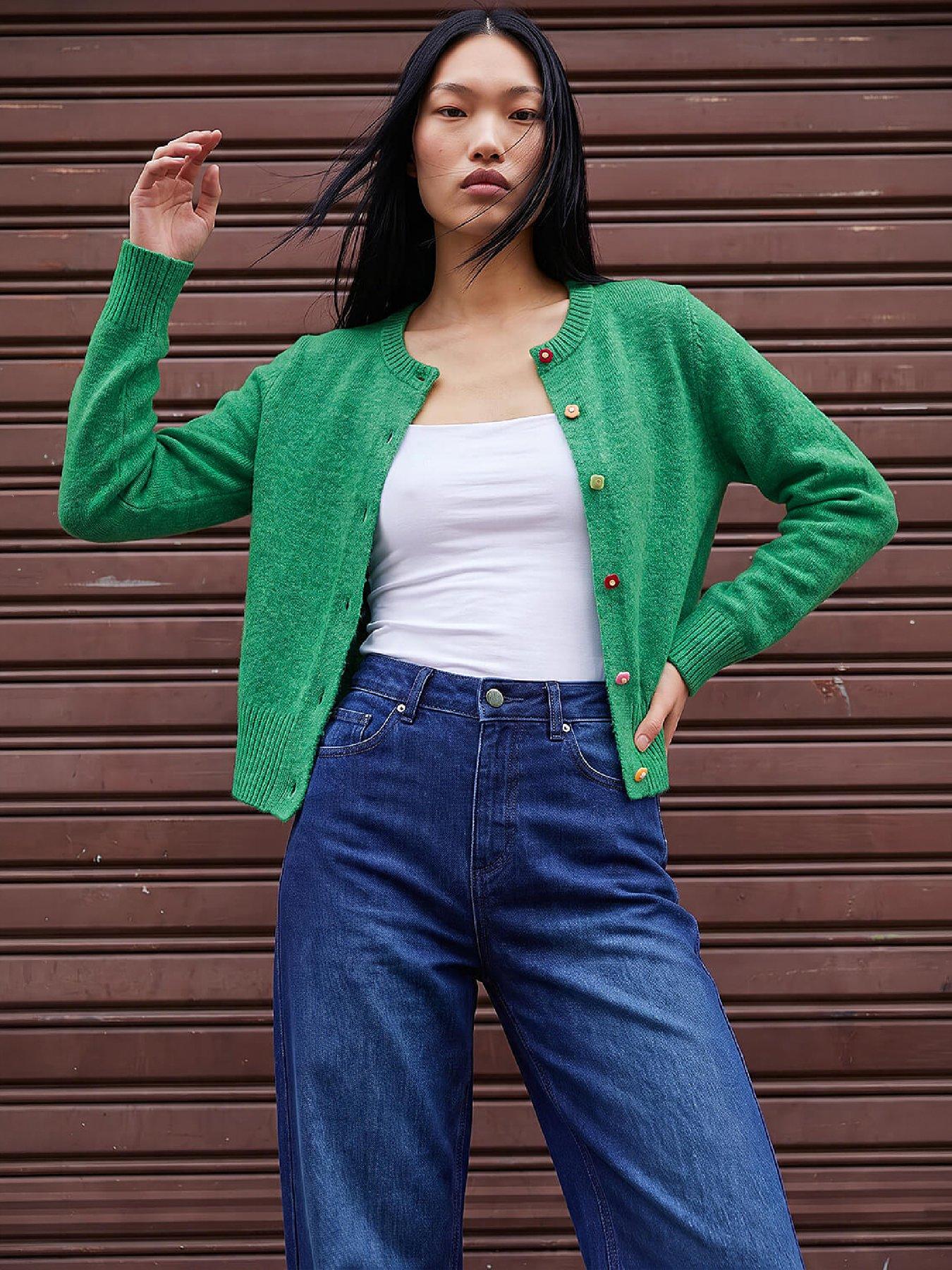Image 1 of 4 of Roman Womens Flower Button Knit Cardigan - Green
