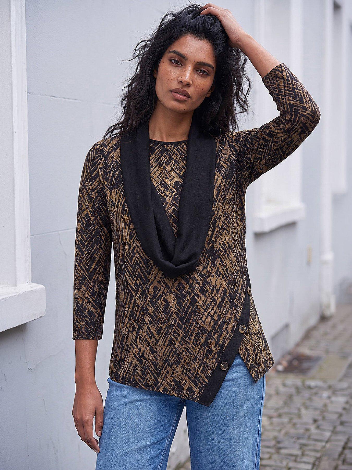 Image 1 of 4 of Roman Womens Printed Snit Scarf Tunic Top - Brown