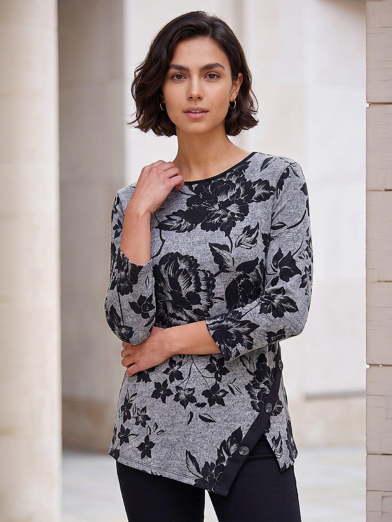 Image 1 of 4 of Roman Womens Floral Print Scarf 3/4 Sleeve Tunic Top&nbsp; - Grey