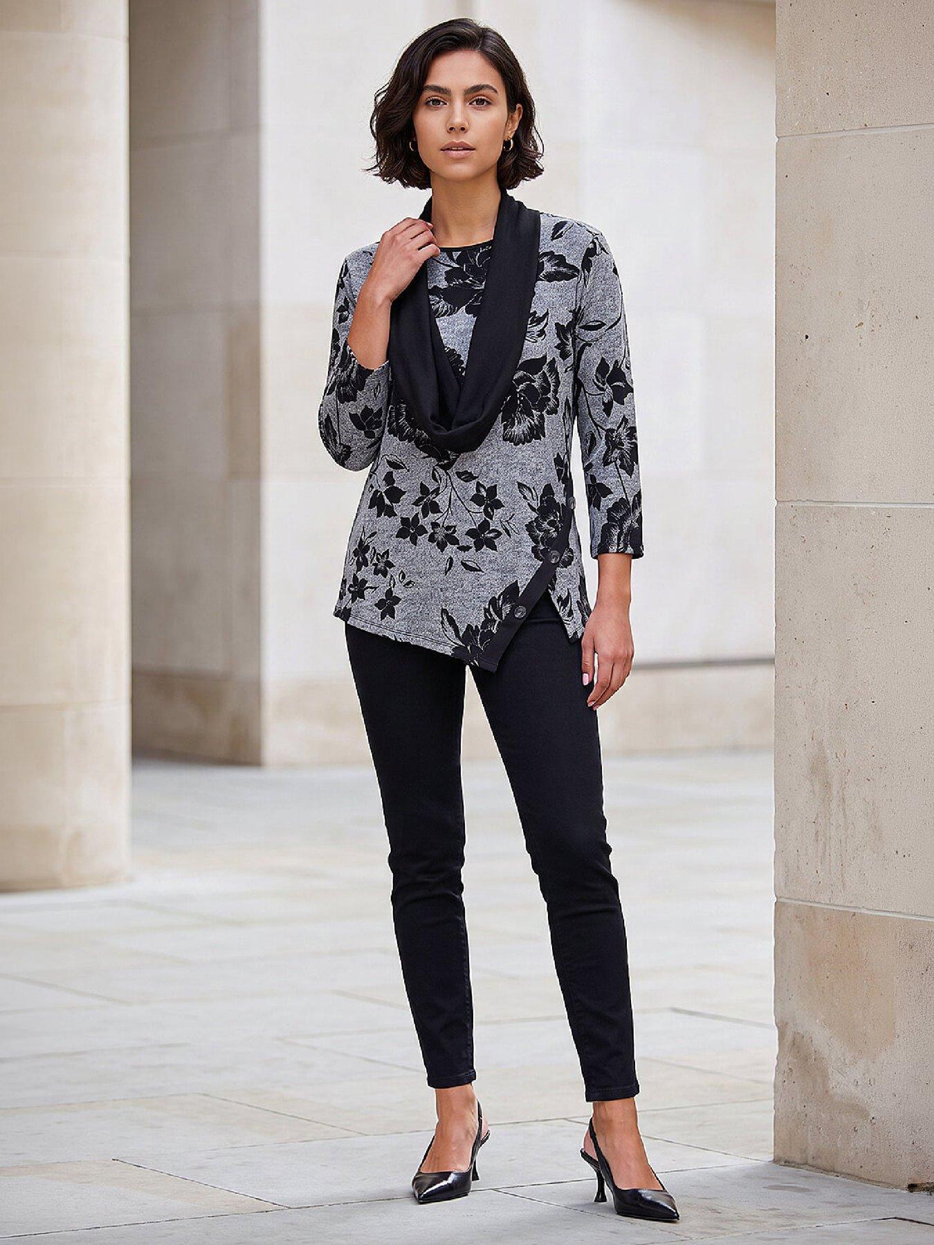 Image 3 of 4 of Roman Womens Floral Print Scarf 3/4 Sleeve Tunic Top&nbsp; - Grey